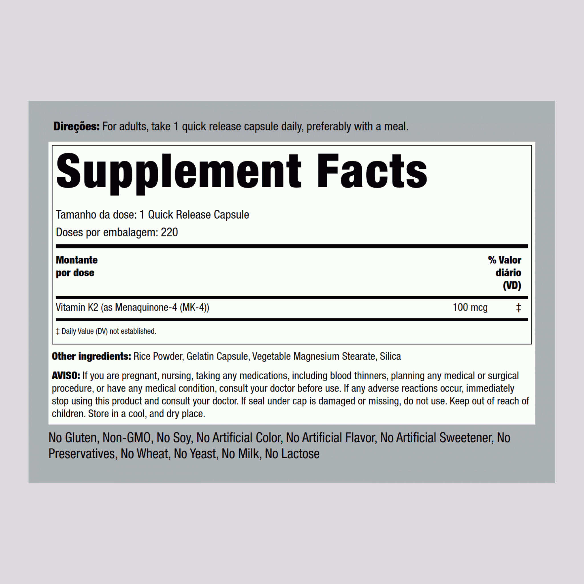 Vitamina K-2 com MK-4 100 mcg 220 Cápsulas  