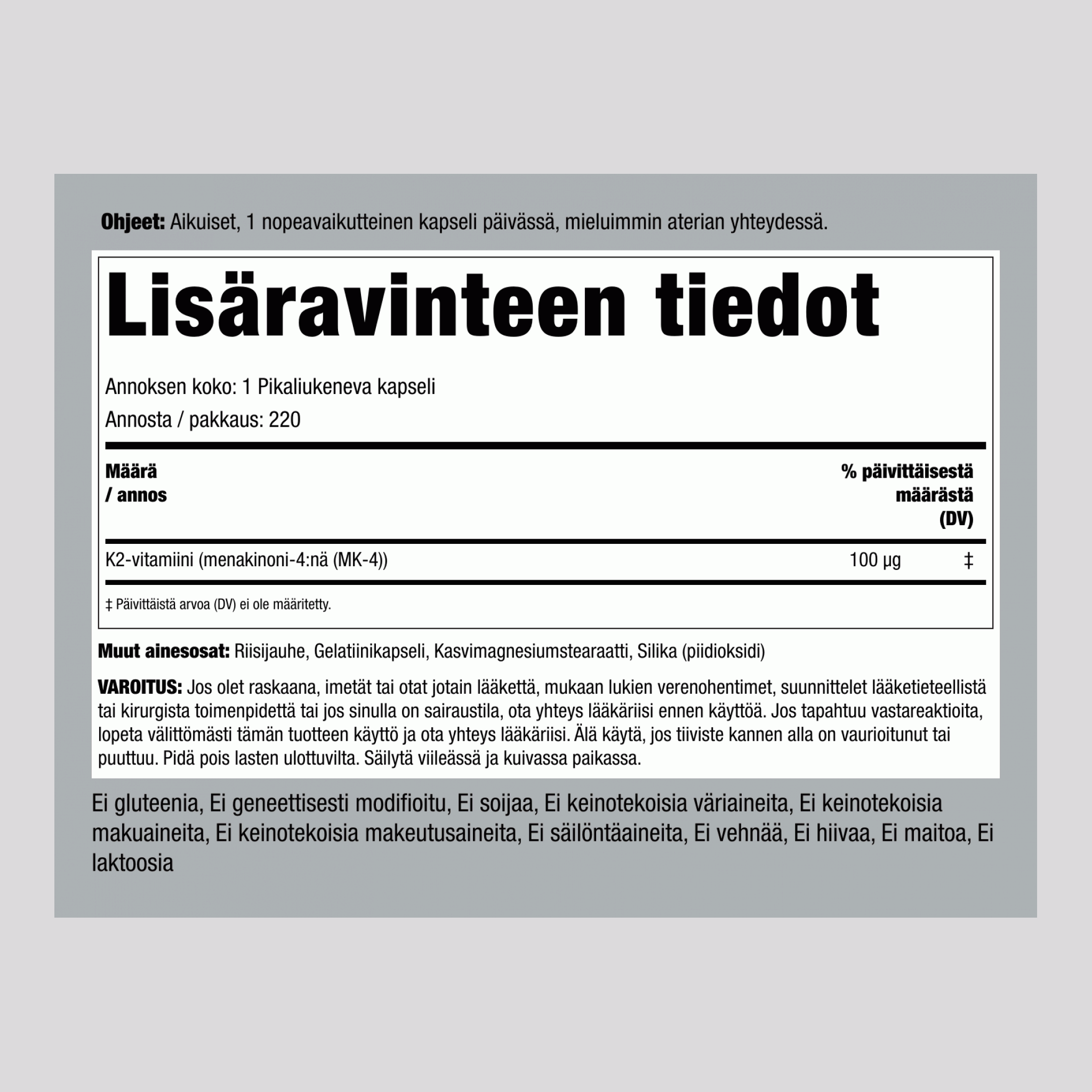 K-2-vitamiini ja MK-4 100 μg 220 Kapselia 2 Pulloa 