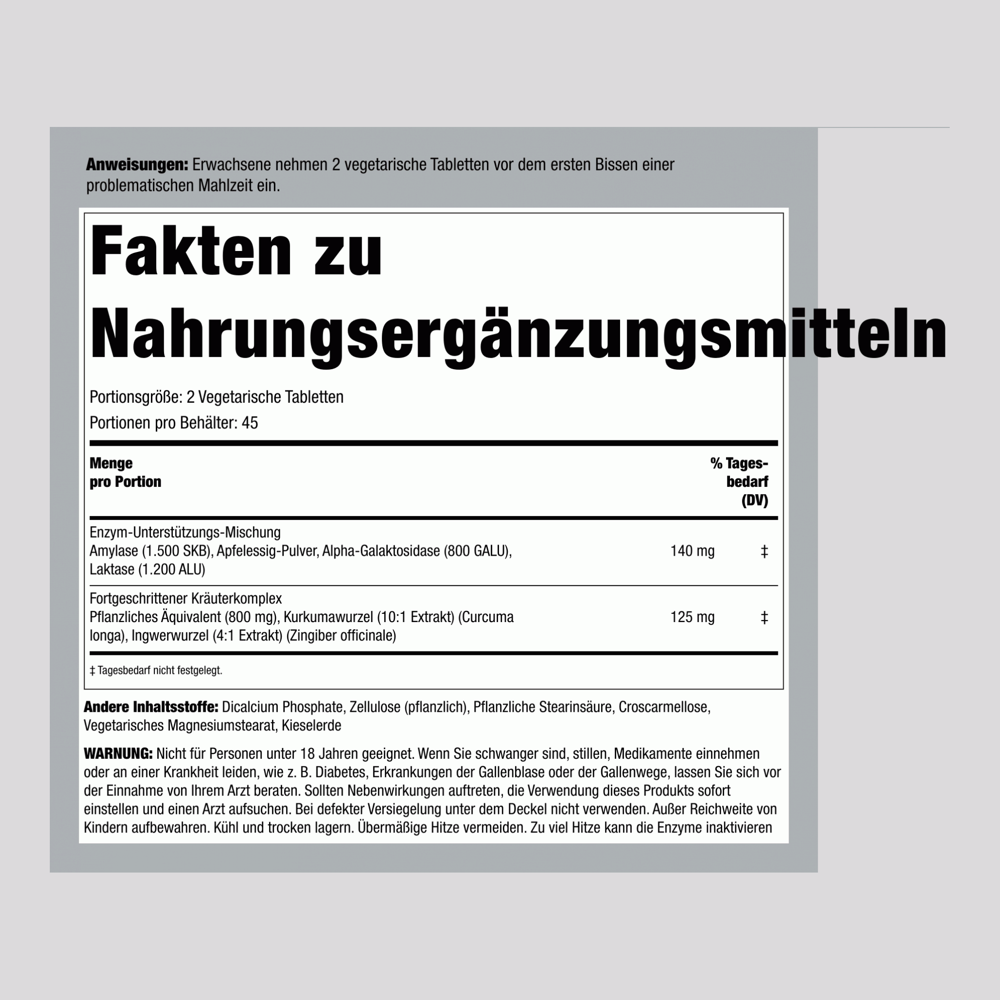 Unterstützung bei Blähungen  90 Vegetarische Tabletten      