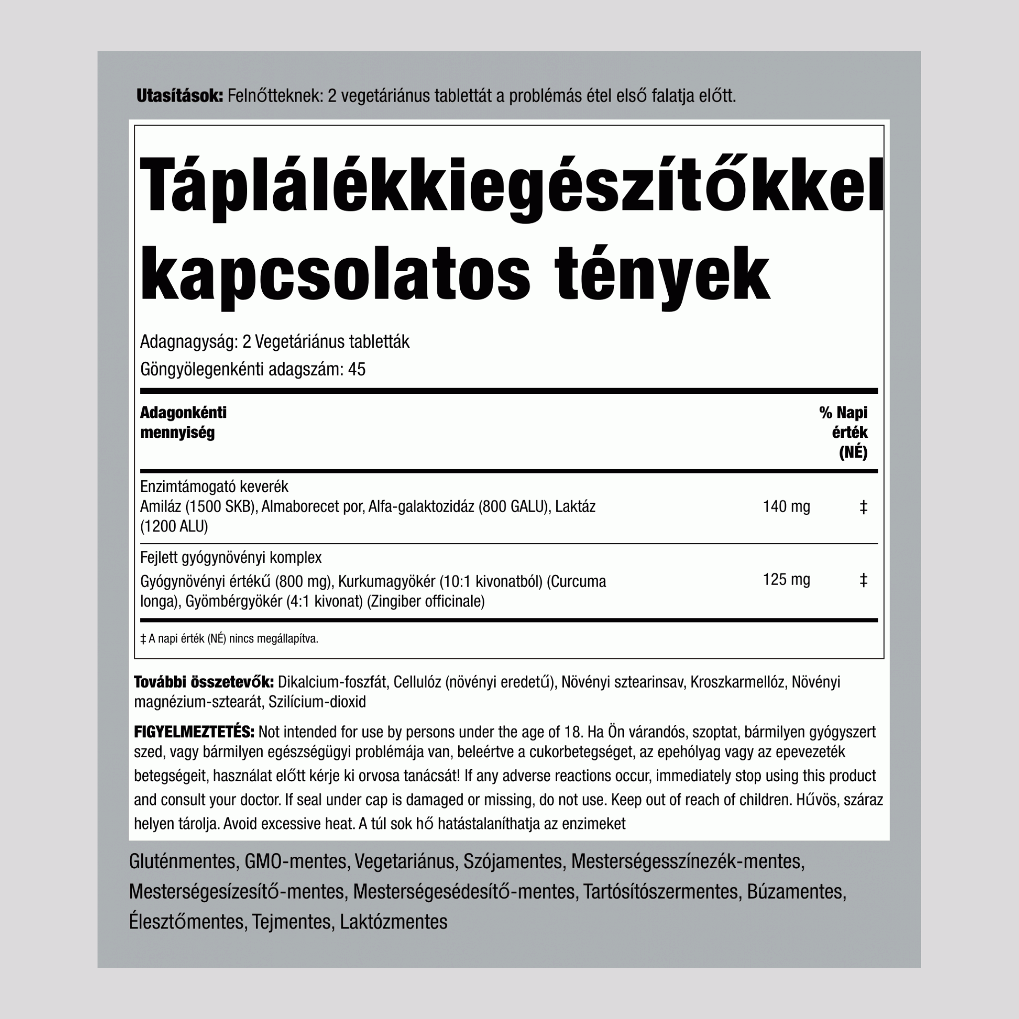 Gáz és puffadásenyhítő támogatás 90 Vegetáriánus tabletták      