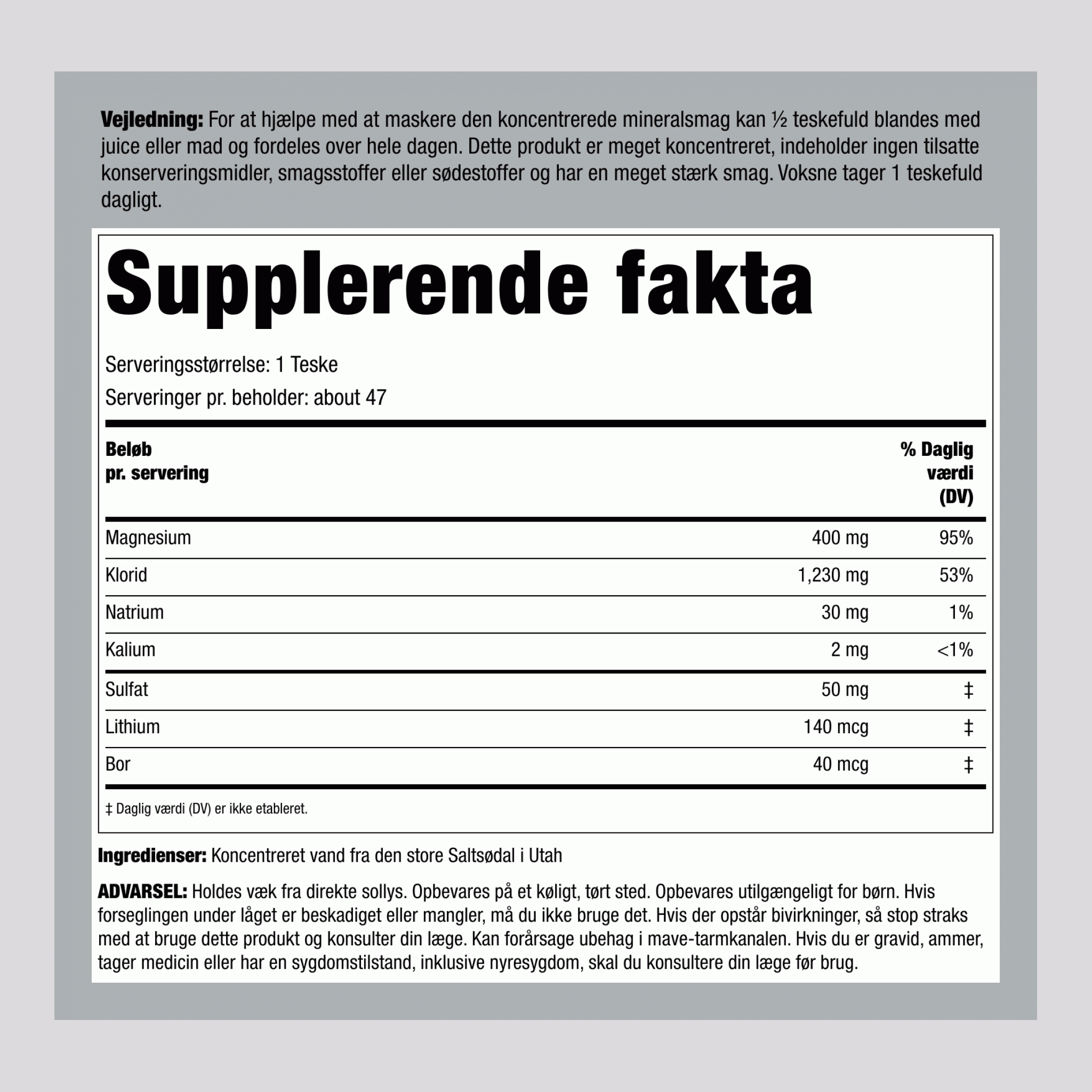 Ionisk magnesiumvæske 400 mg (pr. dosering) 8 fl oz 237 ml Flaske 