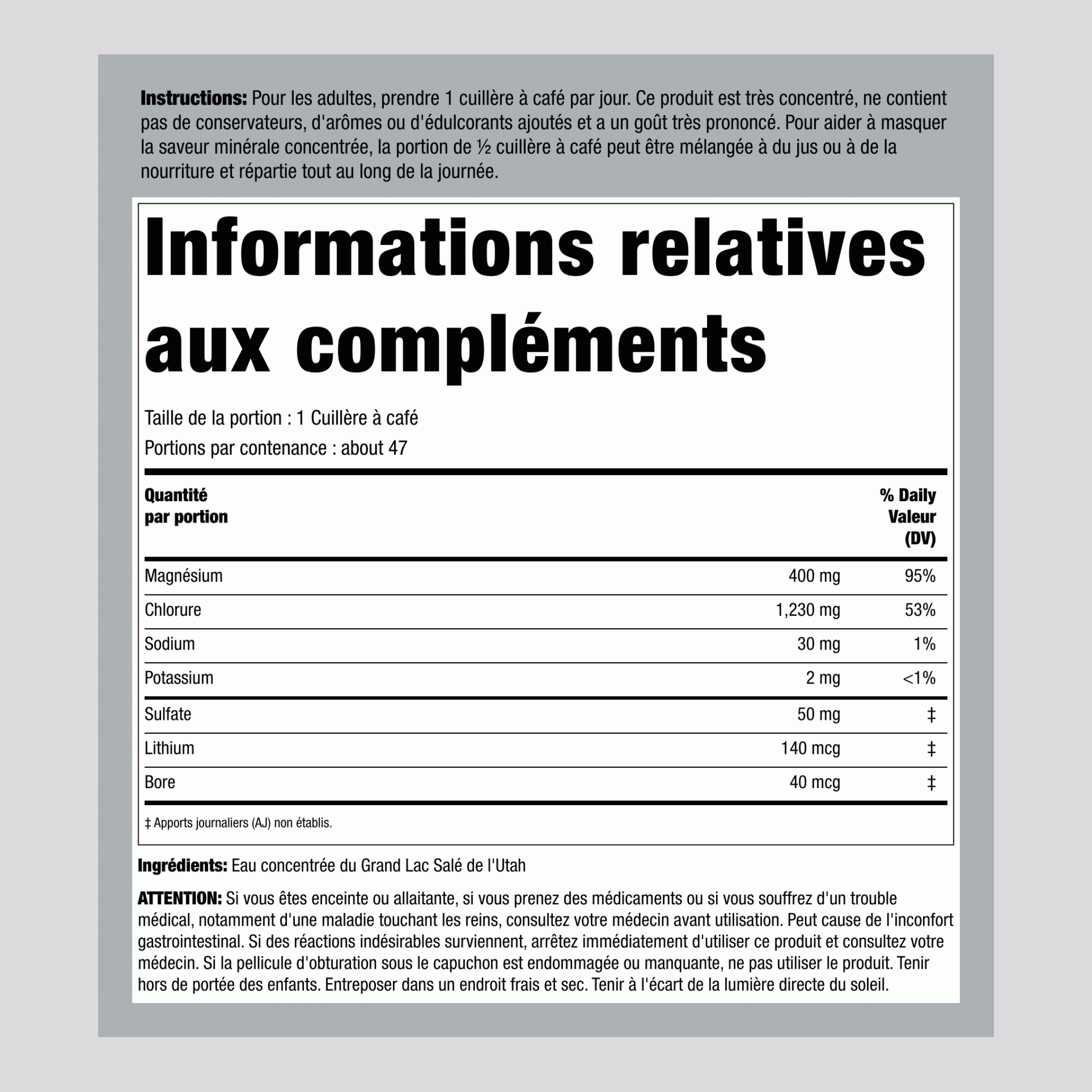 Magnésium ionique liquide 400 mg (par portion) 8 onces liquides 237 ml Bouteille 