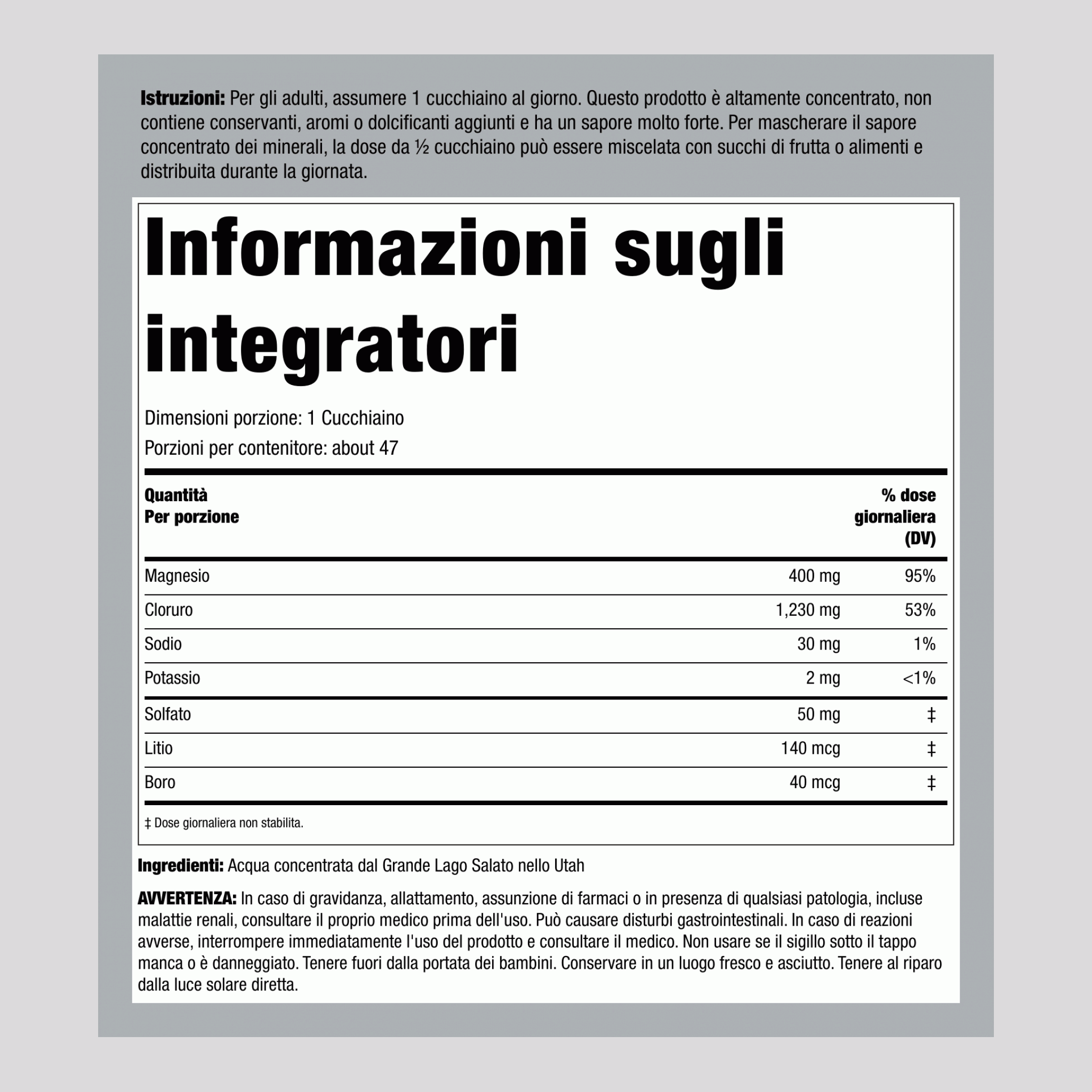 Magnesio ionico liquido 400 mg (per dose) 8 fl oz 237 ml Bottiglia 