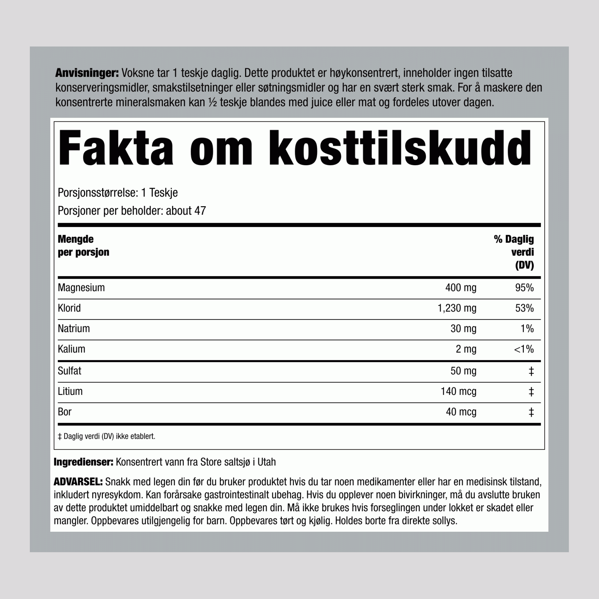 Ionisk magnesiumvæske 400 mg (per dose) 8 ounce 237 ml Flaske 