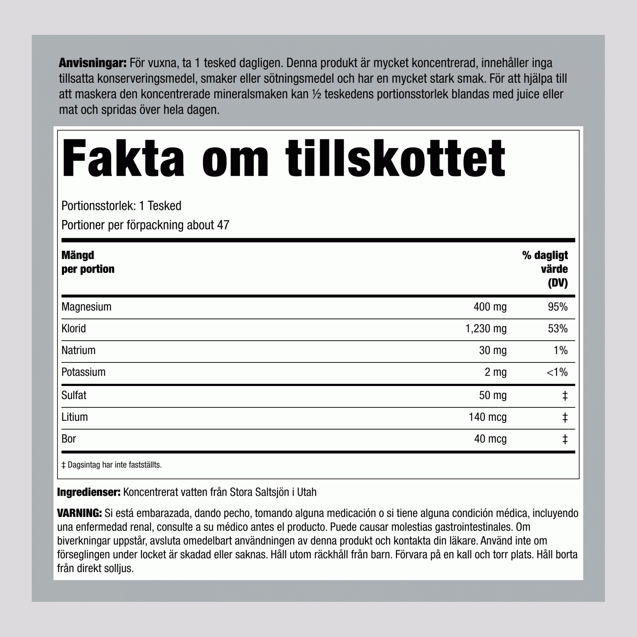 Joniskt magnesium flytande 400 mg (per portion) 8 fl oz 237 ml Flaska 