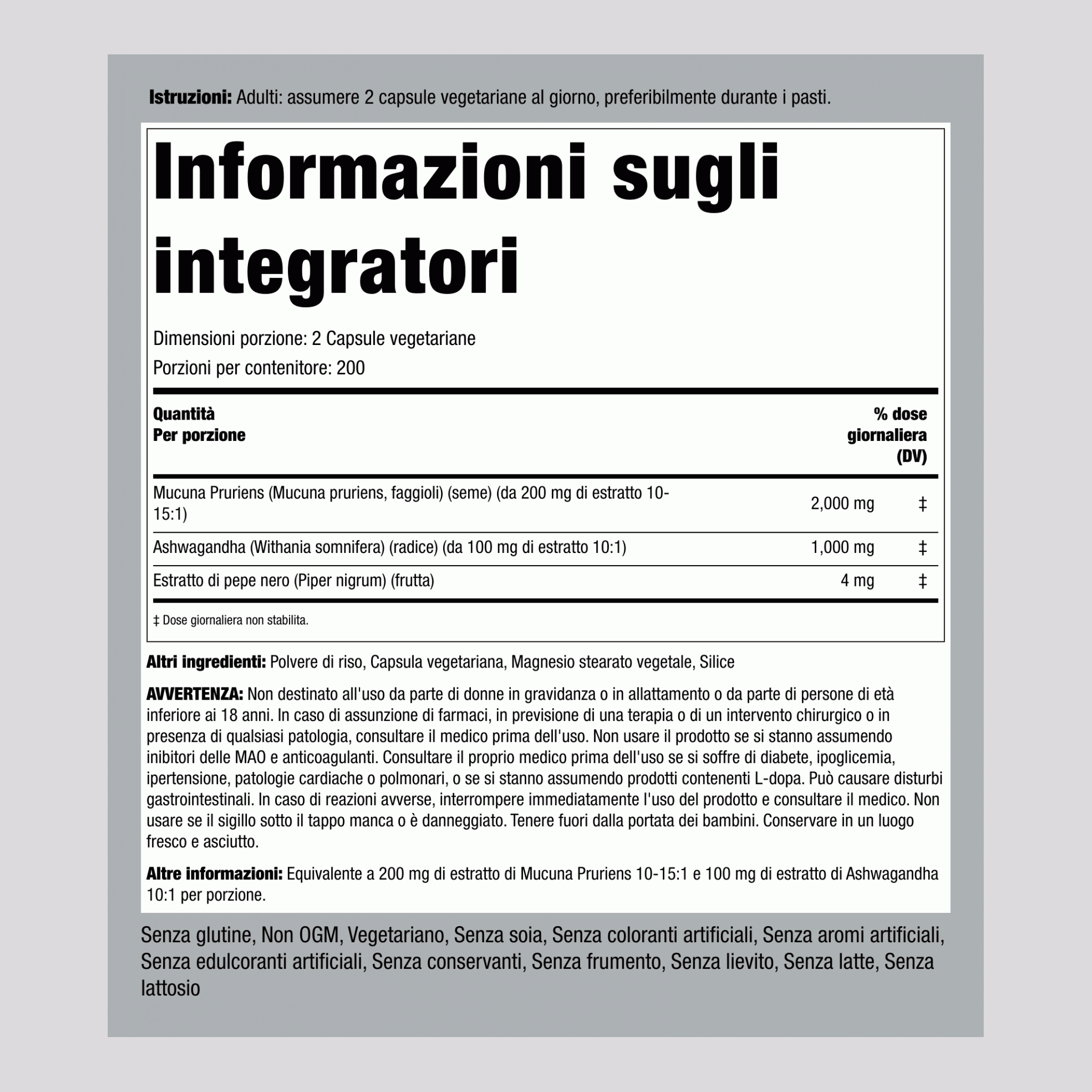 Complesso di Mucuna Ashwagandha 3000 mg (per dose) 200 Capsule vegetariane