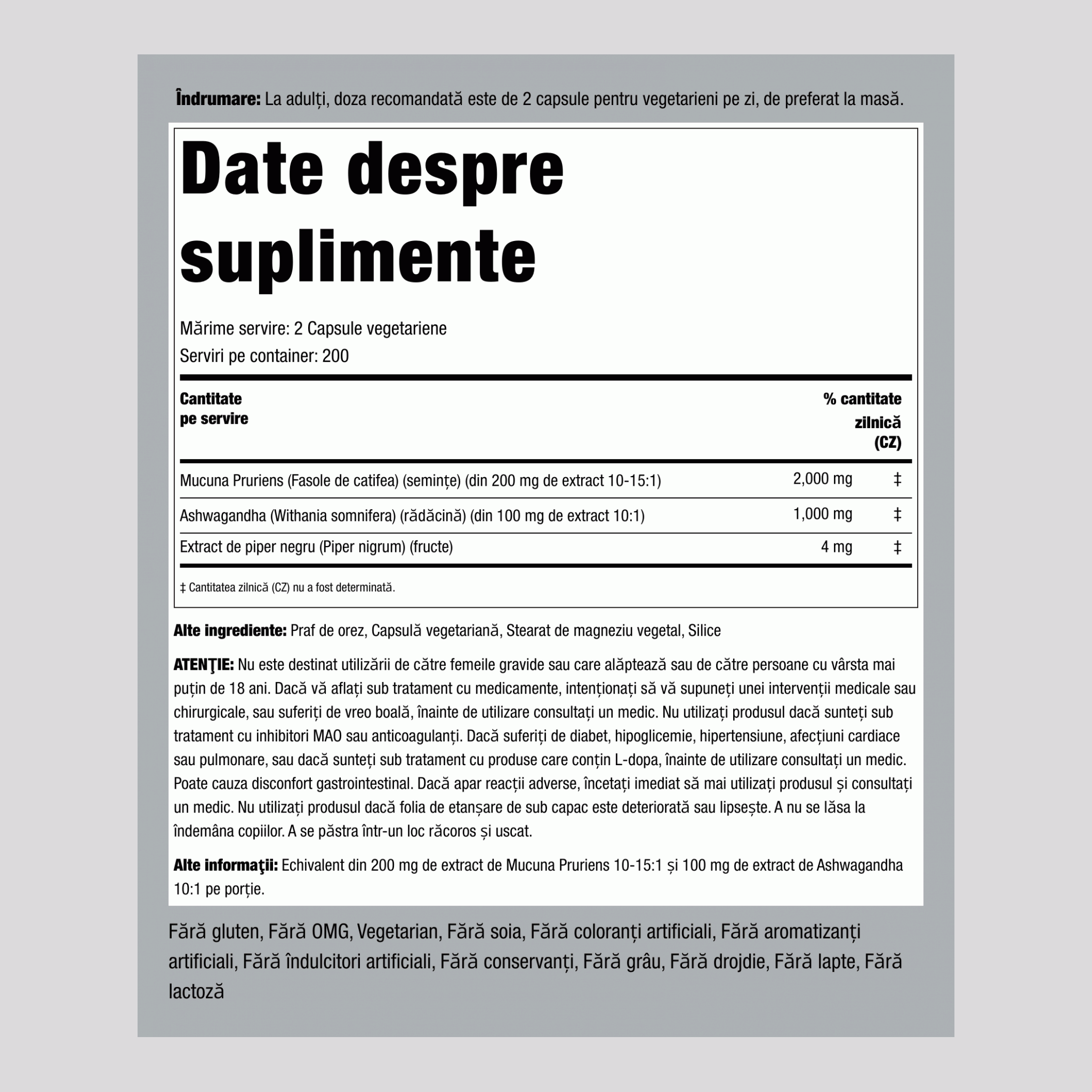 Complexul Mucuna Ashwagandha 3000 mg (per porție) 200 Capsule vegetariene