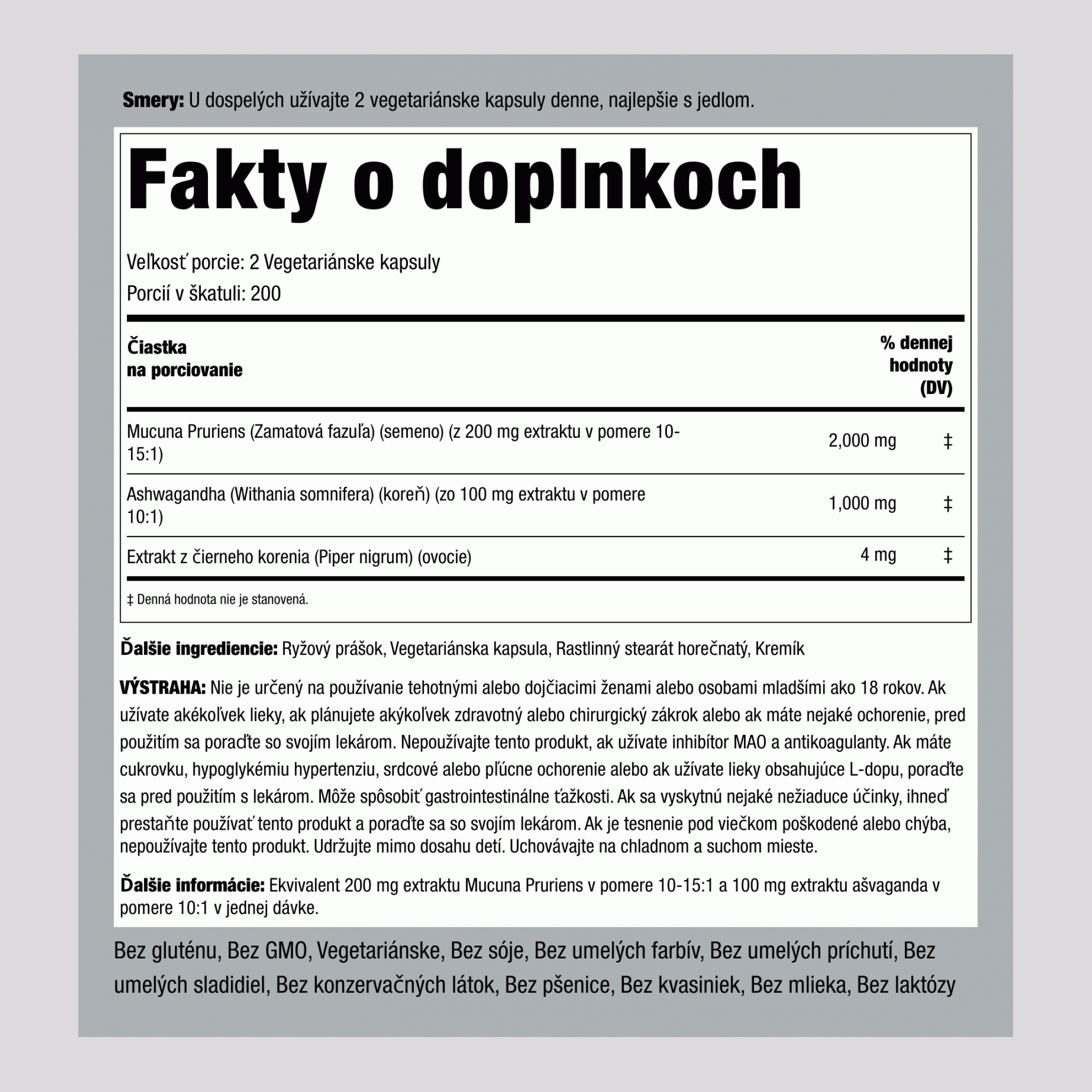 Mucuna ašvaganda komplex 3000 mg (v jednej dávke) 200 Vegetariánske kapsuly