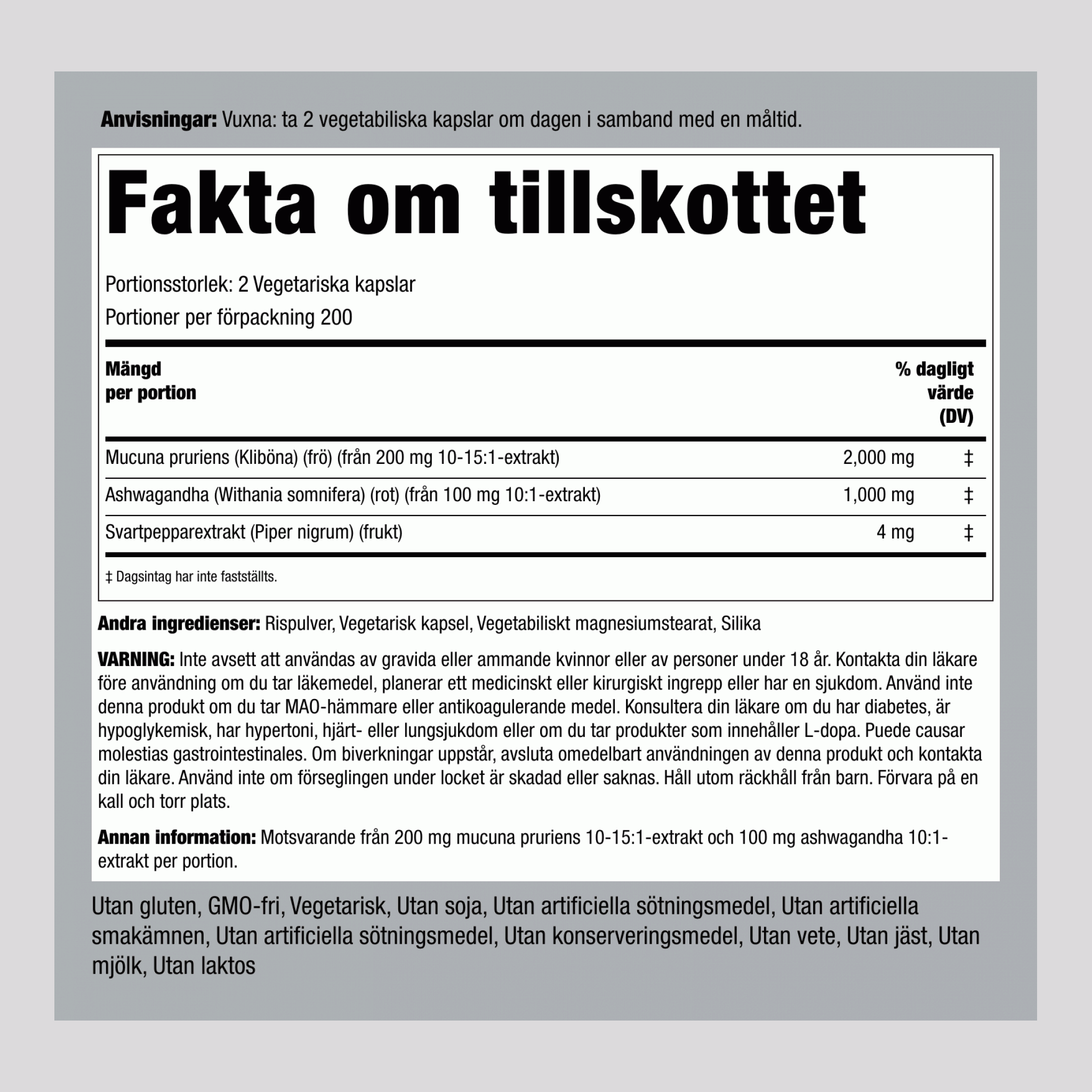 Mucuna ashwagandha-komplex 3000 mg (per portion) 200 Vegetariska kapslar