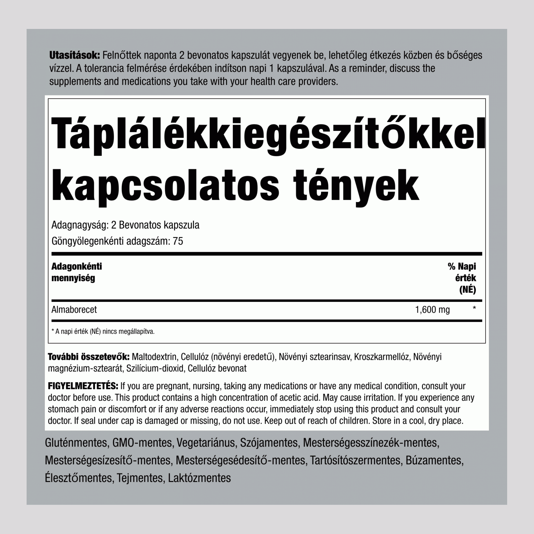 Mega Potency almaecet  1600 mg (adagonként) 150 Bevonatos kapszula 2 Palackok  
