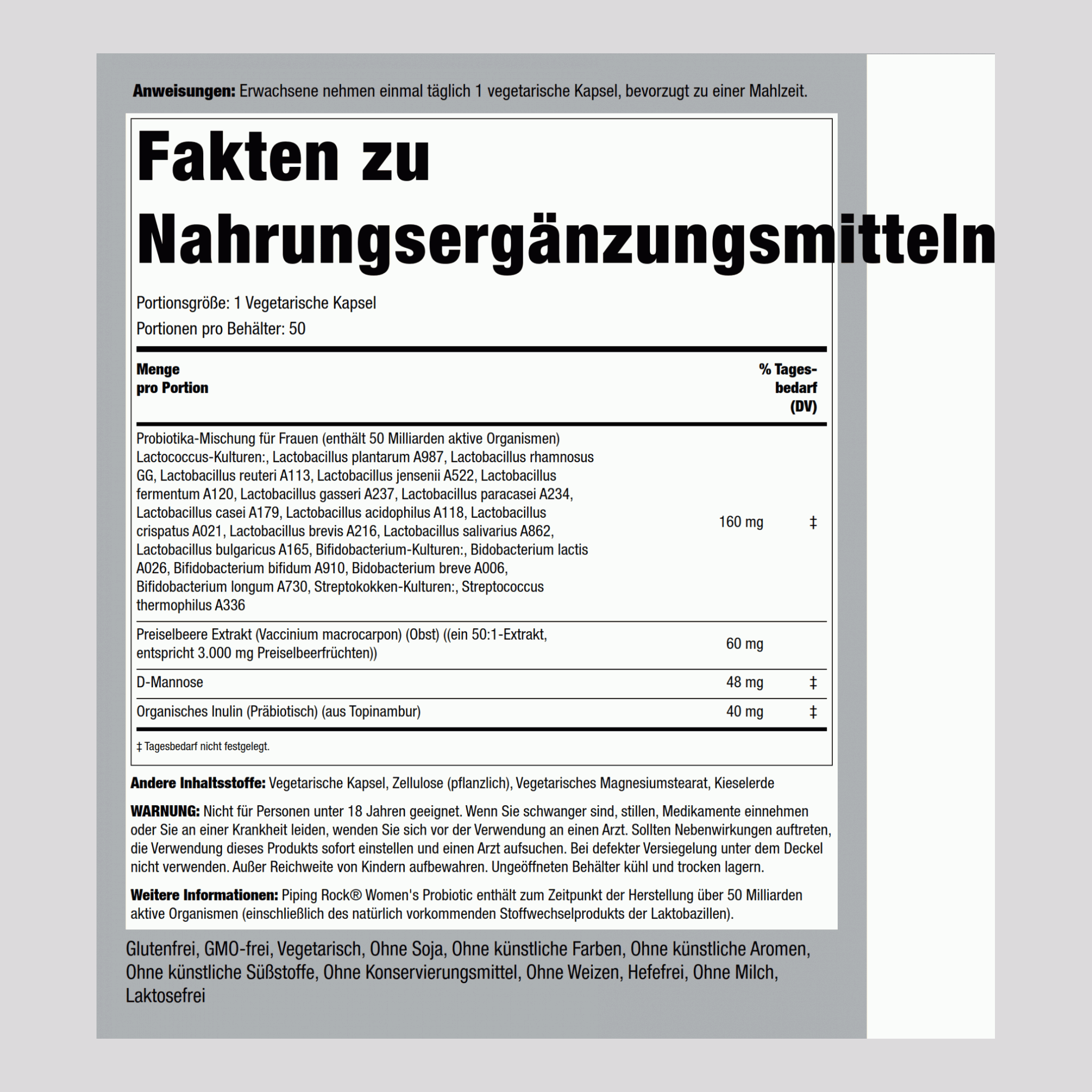 Probiotikum für Frauen 18 Stämme 50 Milliarden Organismen plus Cranberry D-Mannose 50 Vegetarische Kapseln  