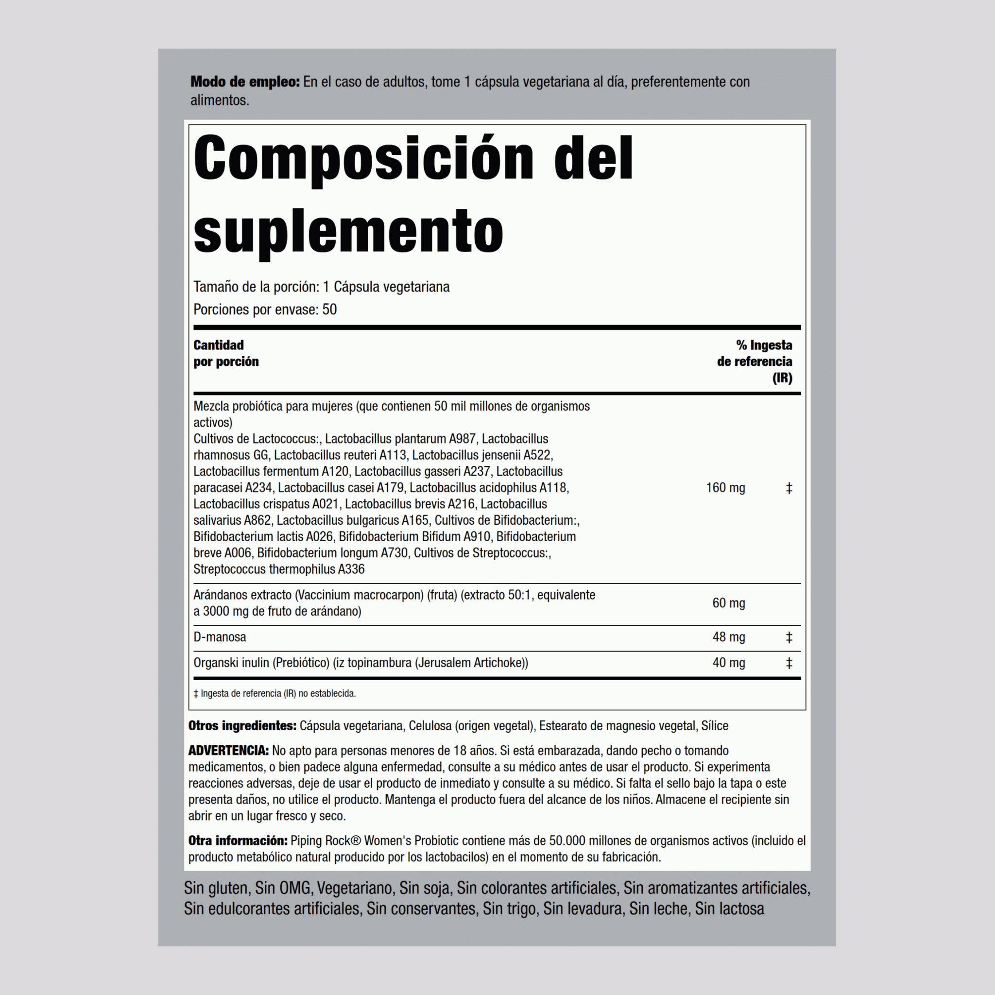 Probiótico para la mujer 18 cepas 50.000 millones de organismos más D-manosa de arándano rojo 50 Cápsulas vegetarianas  