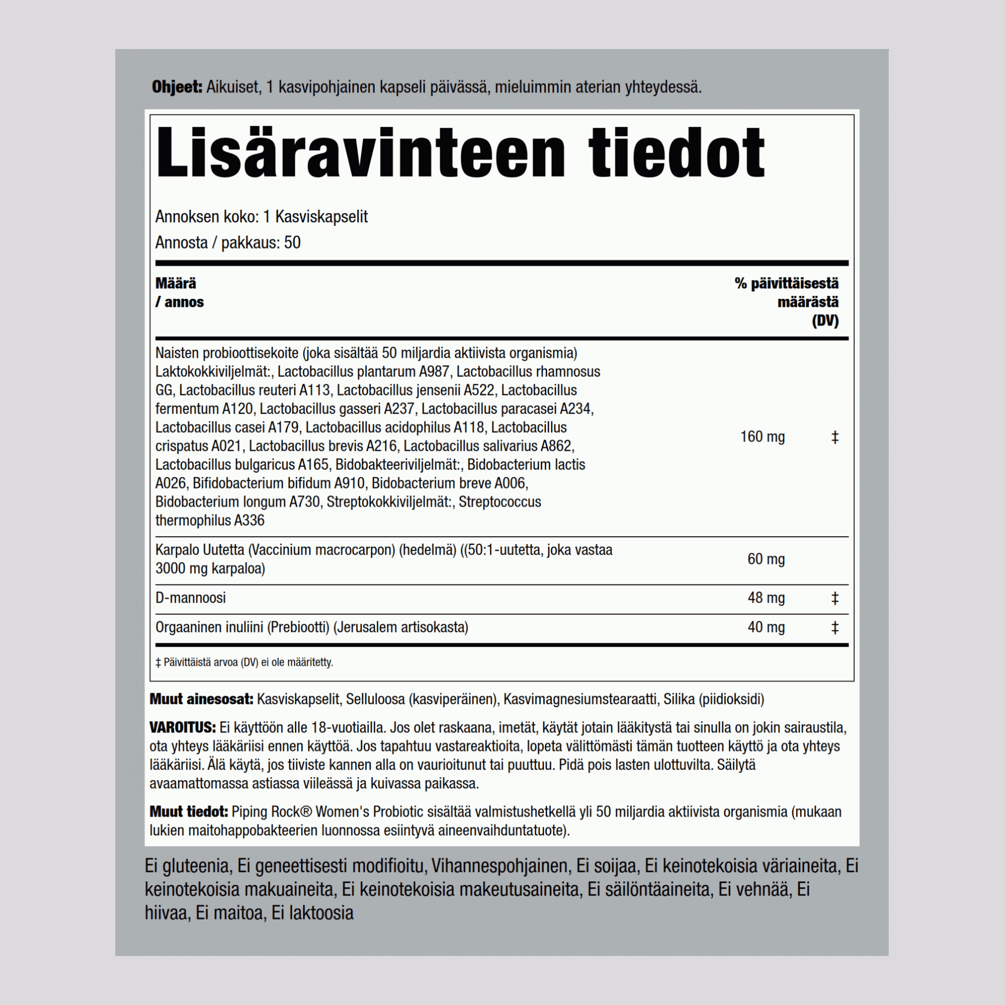 Naisten probiootti 18 kantaa 50 miljardia organismia plus karpalon D-mannoosi 50 Kasviskapselit  