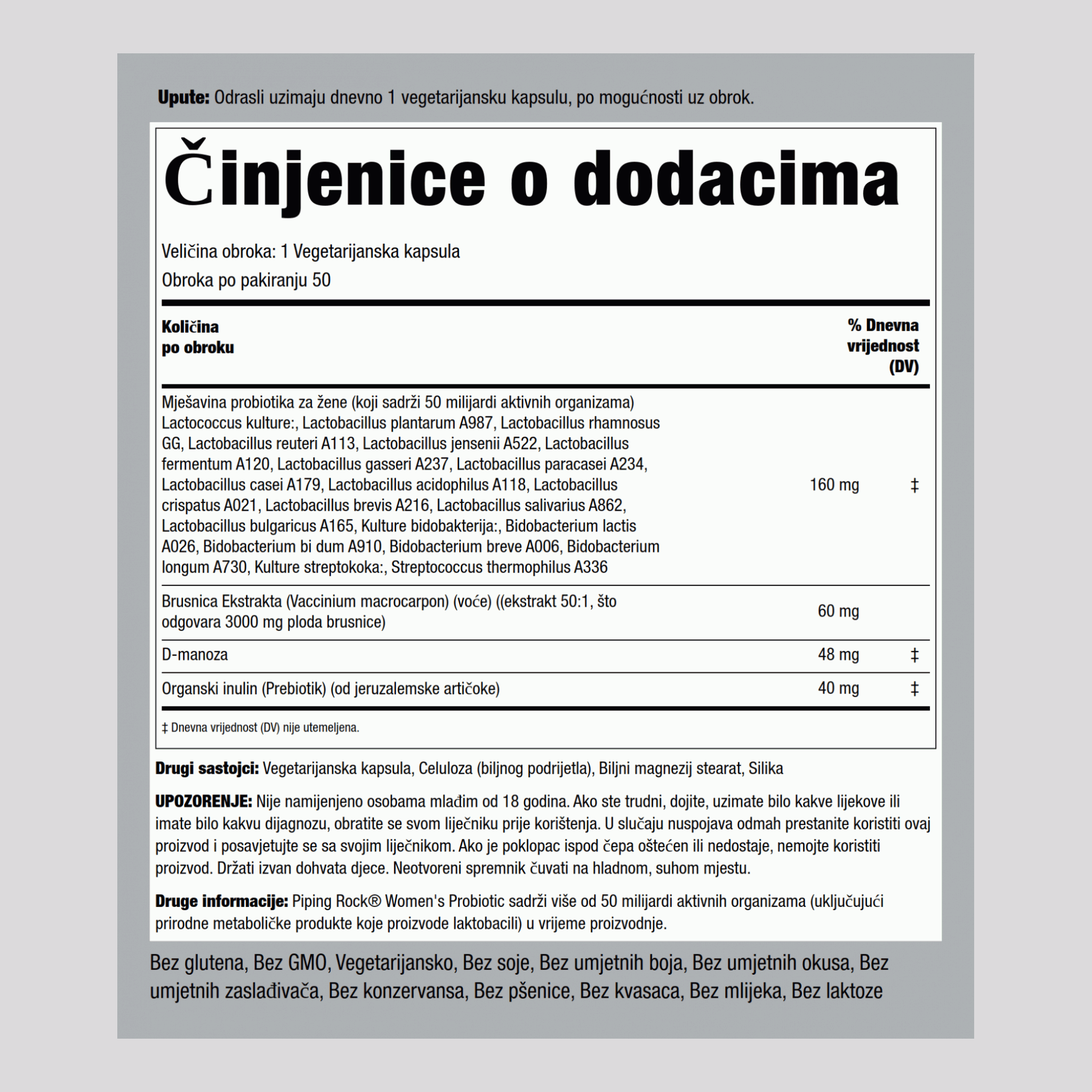 Ženski probiotik 18 sojeva 50 milijardi organizama plus D-manoza od brusnice 50 Vegetarijanske kapsule  