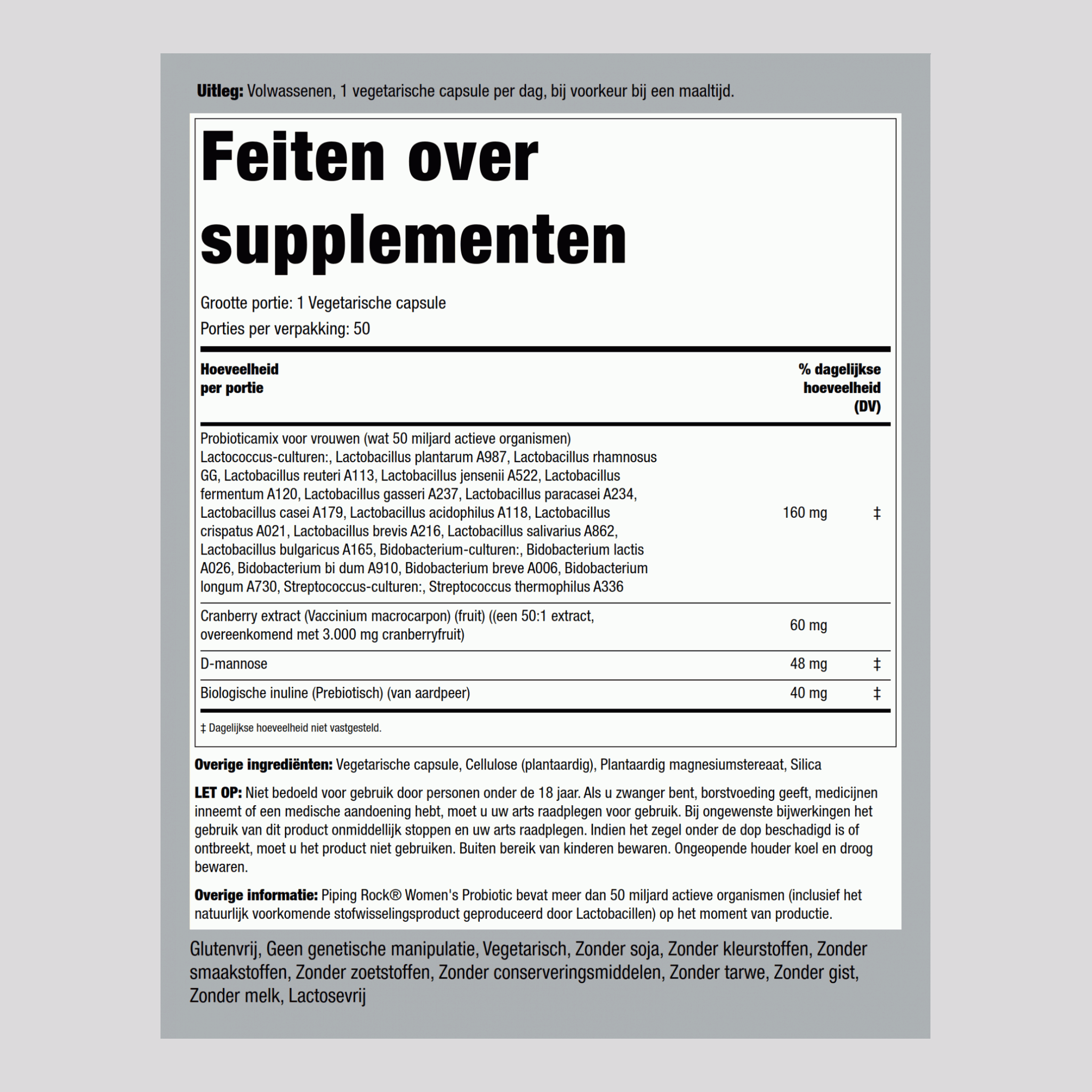 Vrouwenprobioticum 18 stammen 50 miljard organismen plus D-mannose uit cranberry 50 Vegetarische capsules  