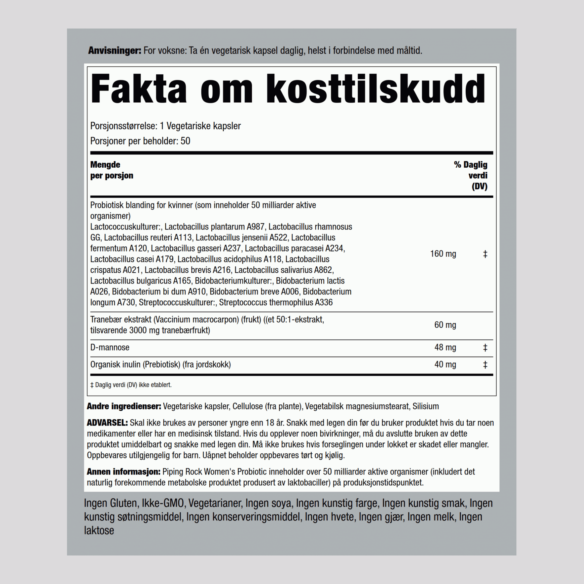 Probiotiske 18 stammer 50 milliarder organismer pluss tranebær D-mannose til kvinner 50 Vegetarianske kapsler