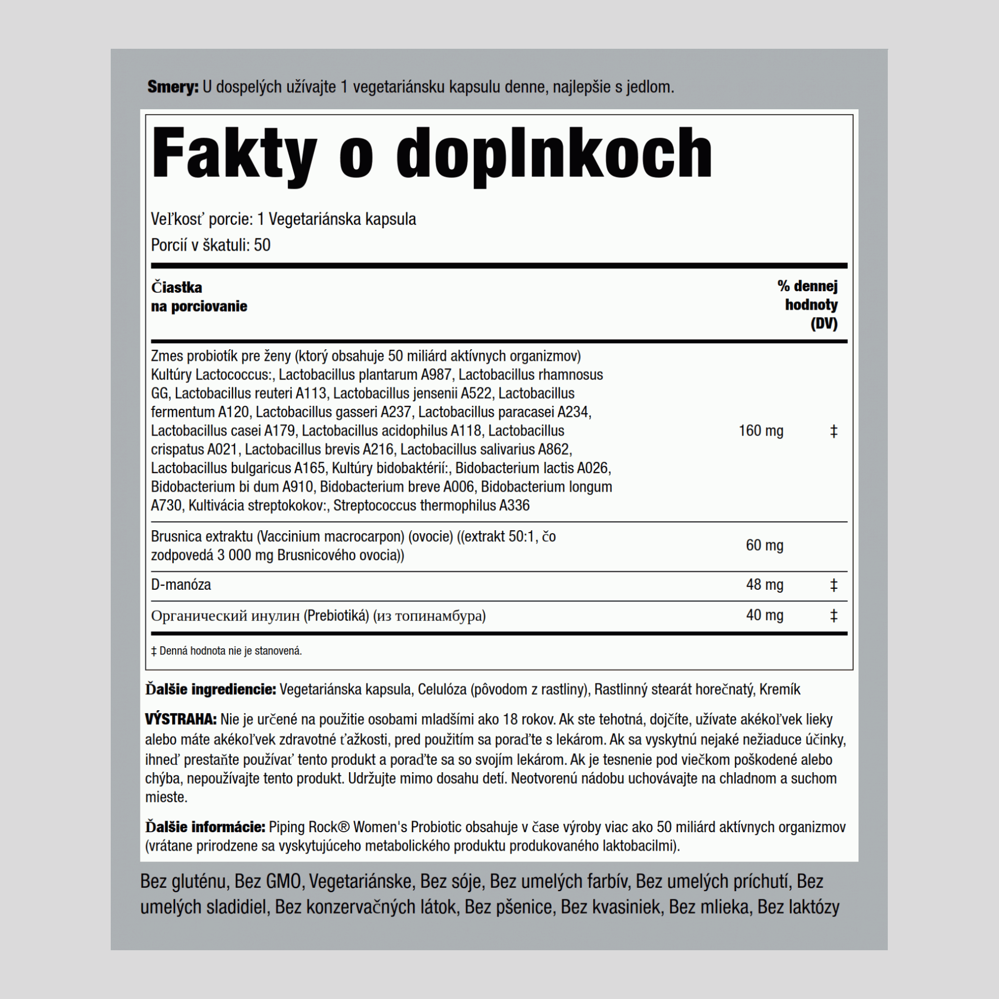 Dámske probiotiká 18 kmeňov 50 miliárd organizmov plus brusnicová D-manóza 50 Vegetariánske kapsuly  