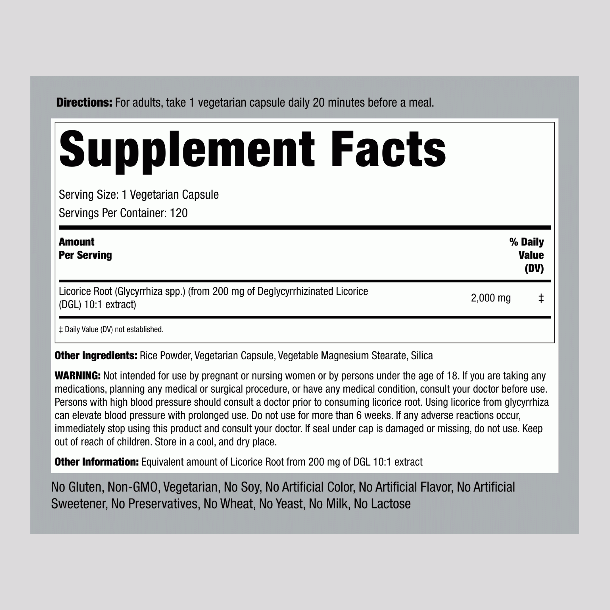 DGL Licorice Root Mega Potency (Deglycyrrhizinated), 2000 mg, 120 Capsules