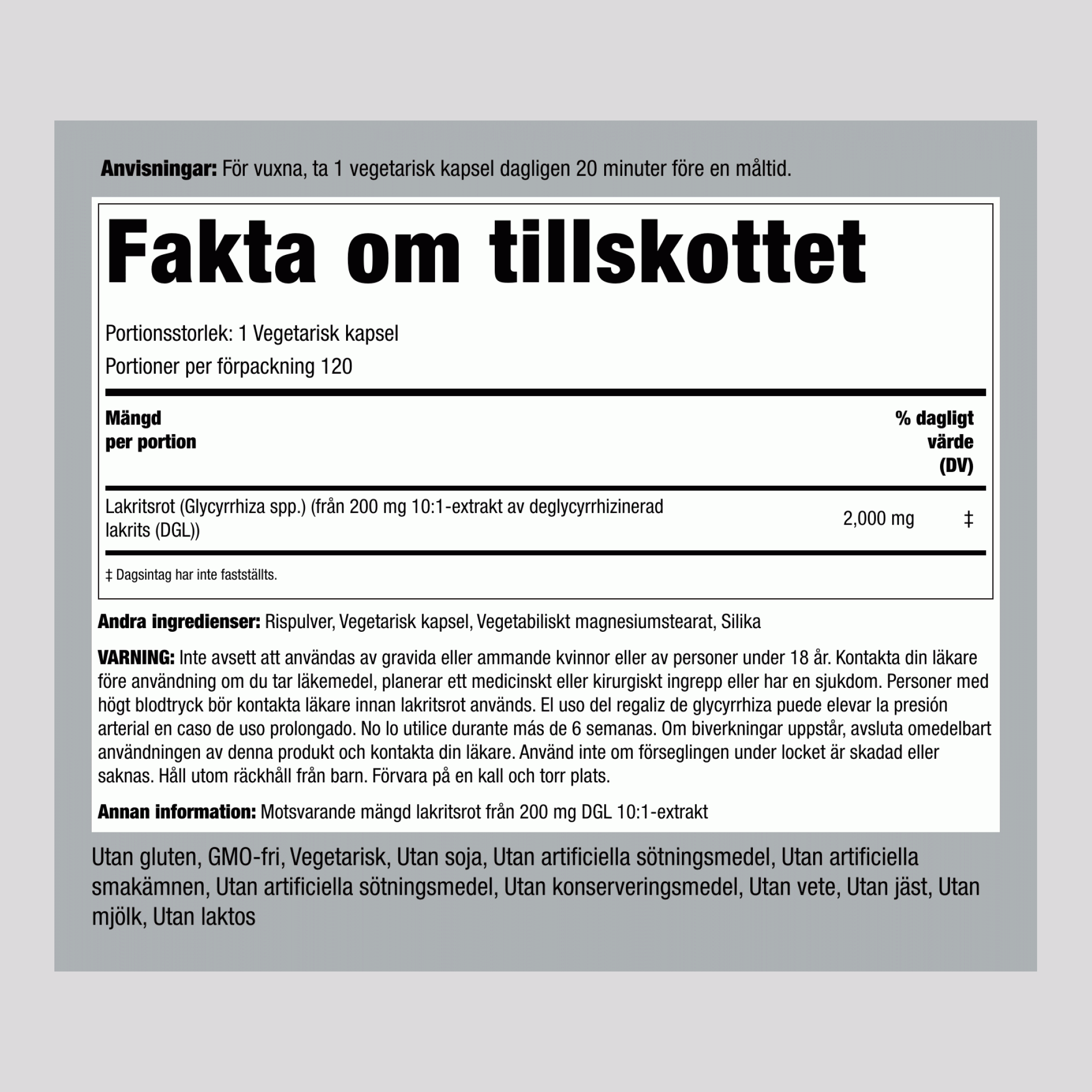 DGL Stark lakritsrot (deglycyrrhizinerad),  2000 mg 120 Kapslar