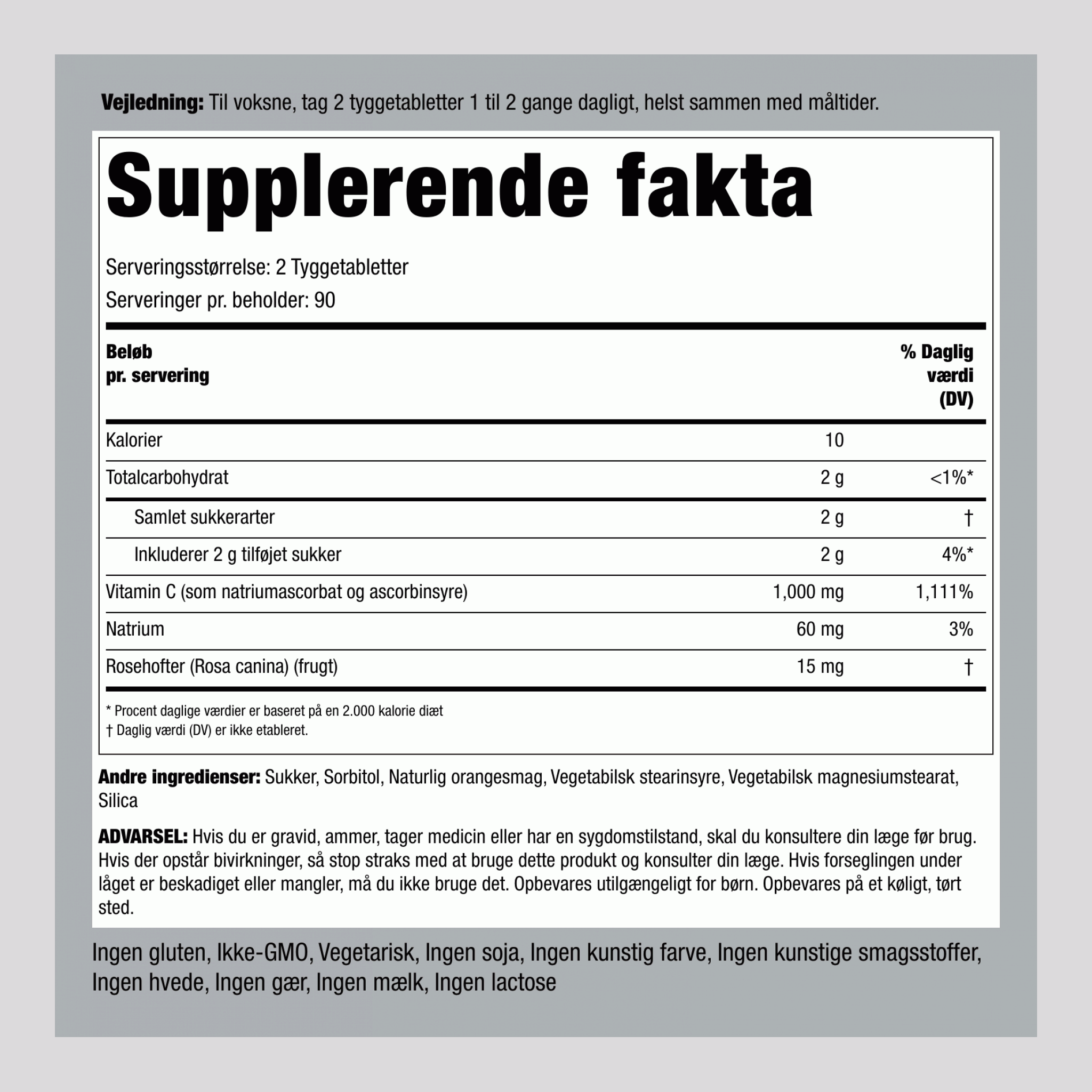 C-vitamin 500mg- tyggetabletter (naturlig appelsin) 1000 mg (pr. dosering) 180 Tyggetabletter 2 Flasker  