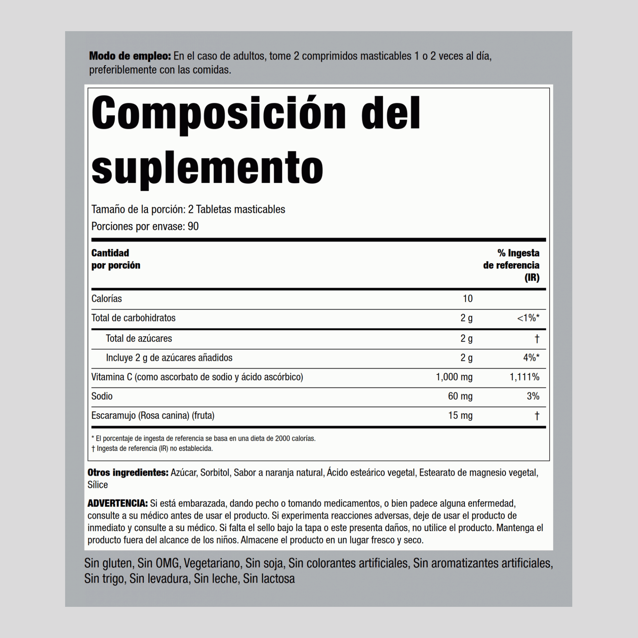 Vitamina C 500mg masticable (sabor natural a naranja) 1000 mg (por porción) 180 Tabletas masticables 2 Botellas/Frascos  