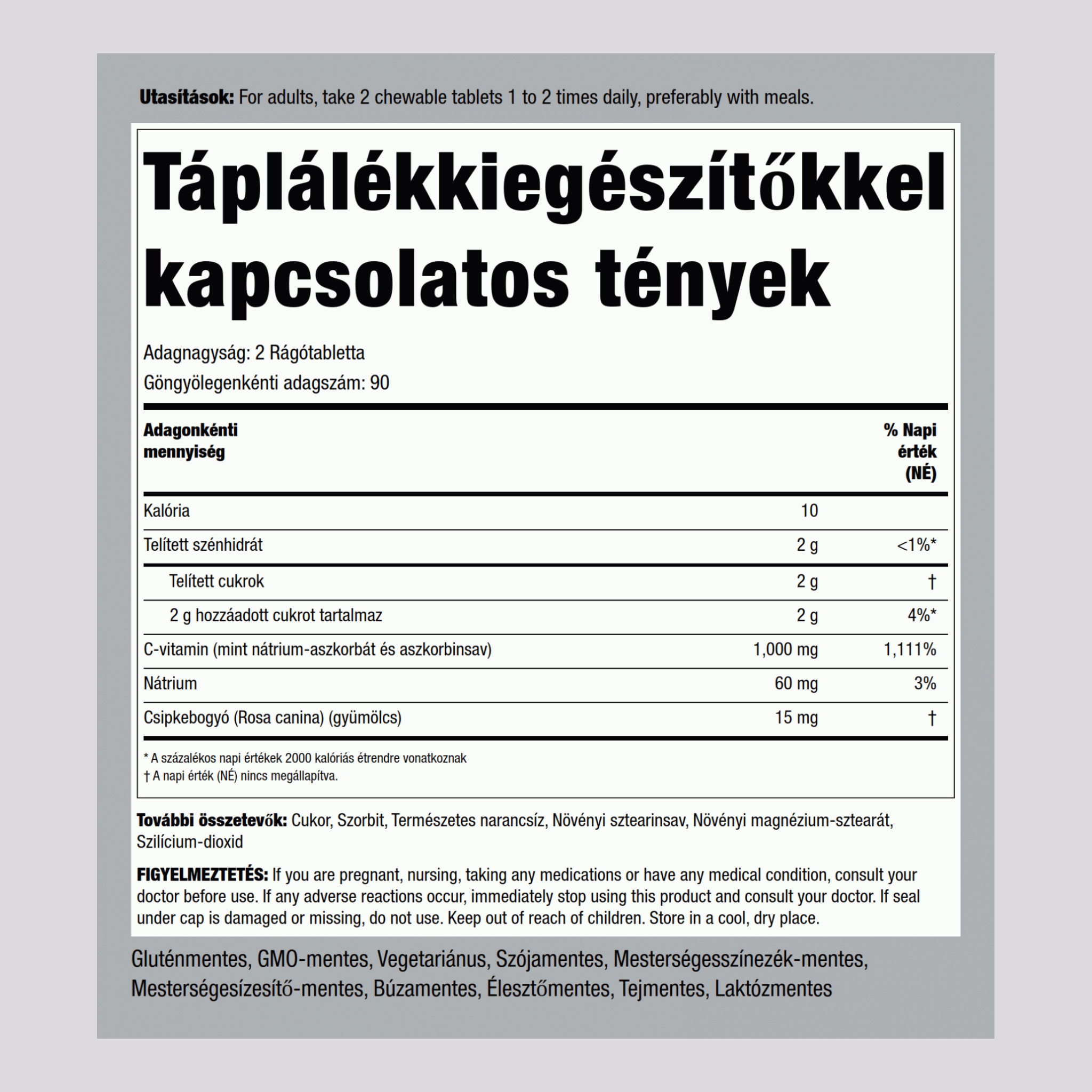 C-vitamin rágótabletta 500mg (természetes narancs) 1000 mg (adagonként) 180 Rágótabletta 2 Palackok  