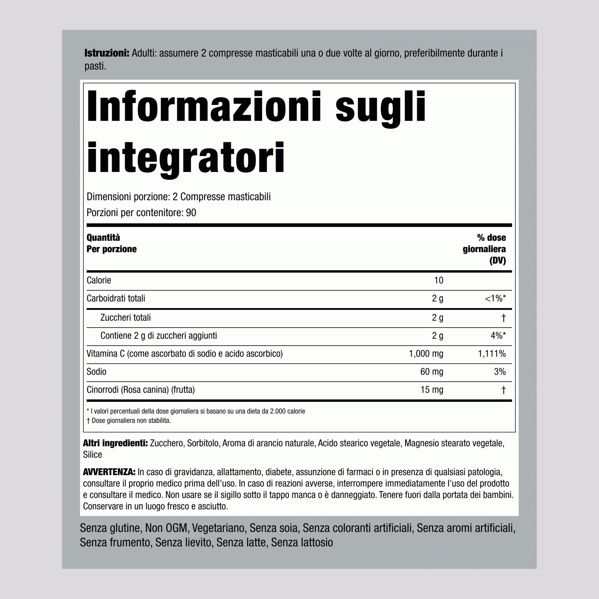 Vitamina C masticabile 500mg (arancia naturale) 1000 mg (per dose) 180 Compresse masticabili 2 Bottiglie  