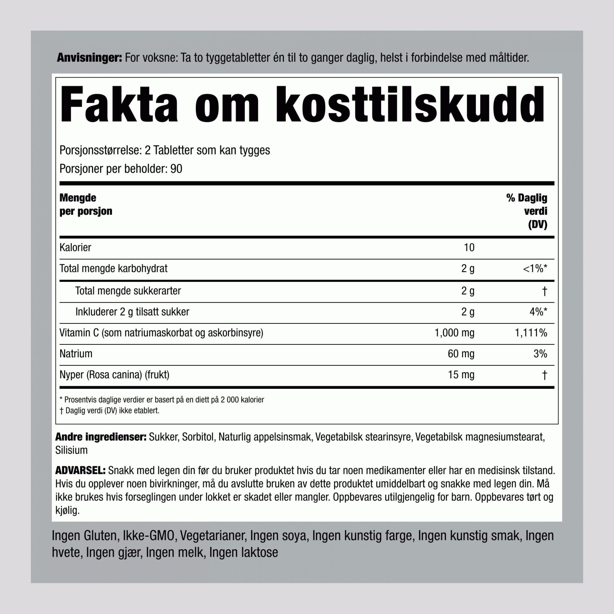 C-vitamin 500 mg- tyggetabletter (Naturlig appelsin) 1000 mg (per dose) 180 Tabletter som kan tygges 2 Flasker  
