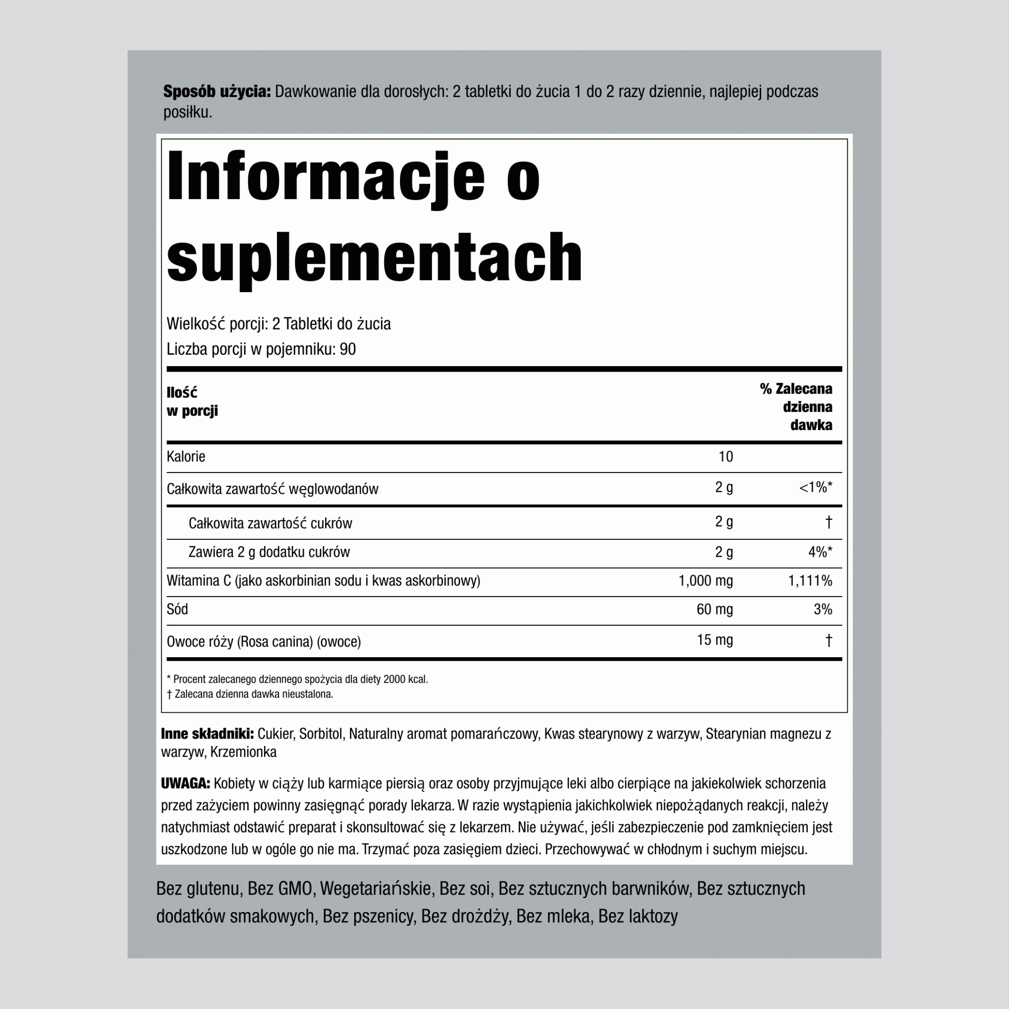 Witamina C 500 mg do żucia (naturalny, pomarańczowy) 1000 mg (na porcję) 180 Tabletki do żucia 2 Butelki  