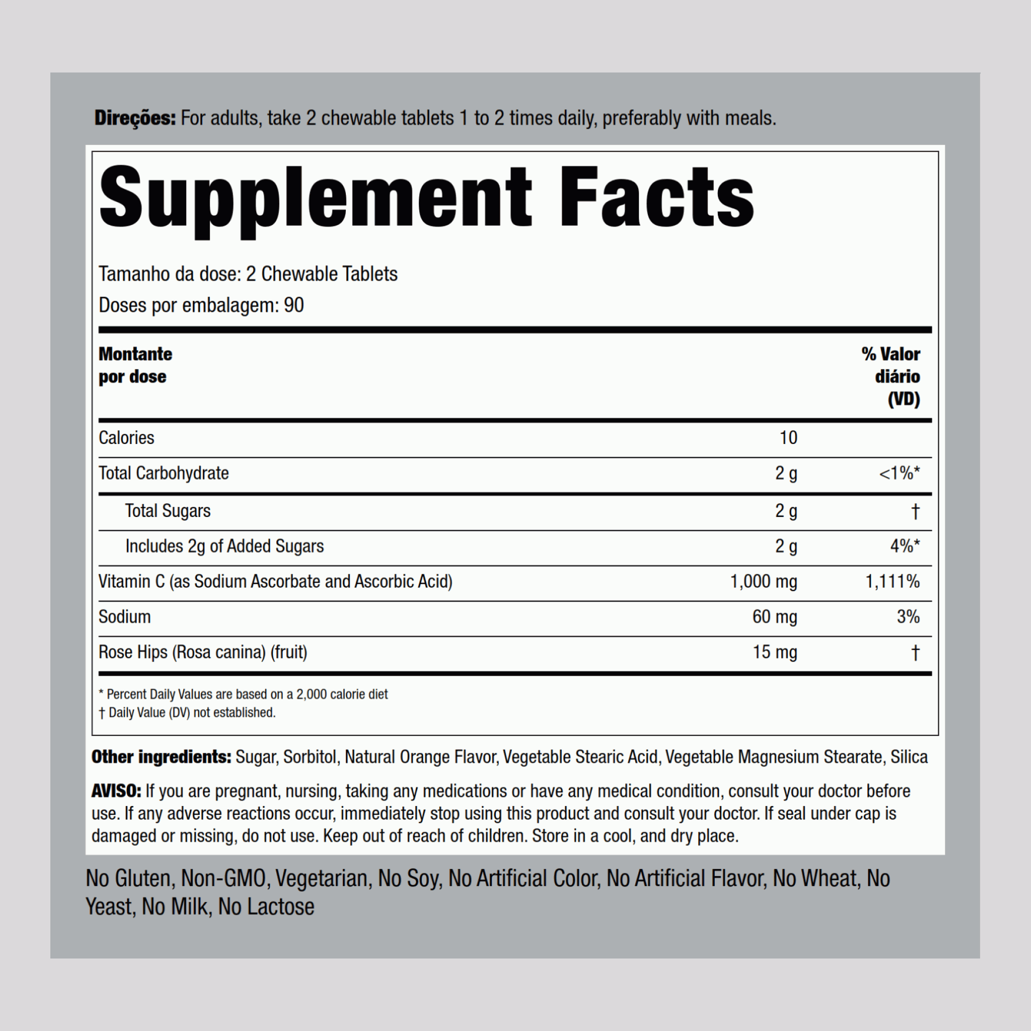 Vitamina C 500 mg para mastigar C (sabor natural de laranja) 1000 mg (por dose) 180 Comprimidos mastigáveis 2 Frascos  