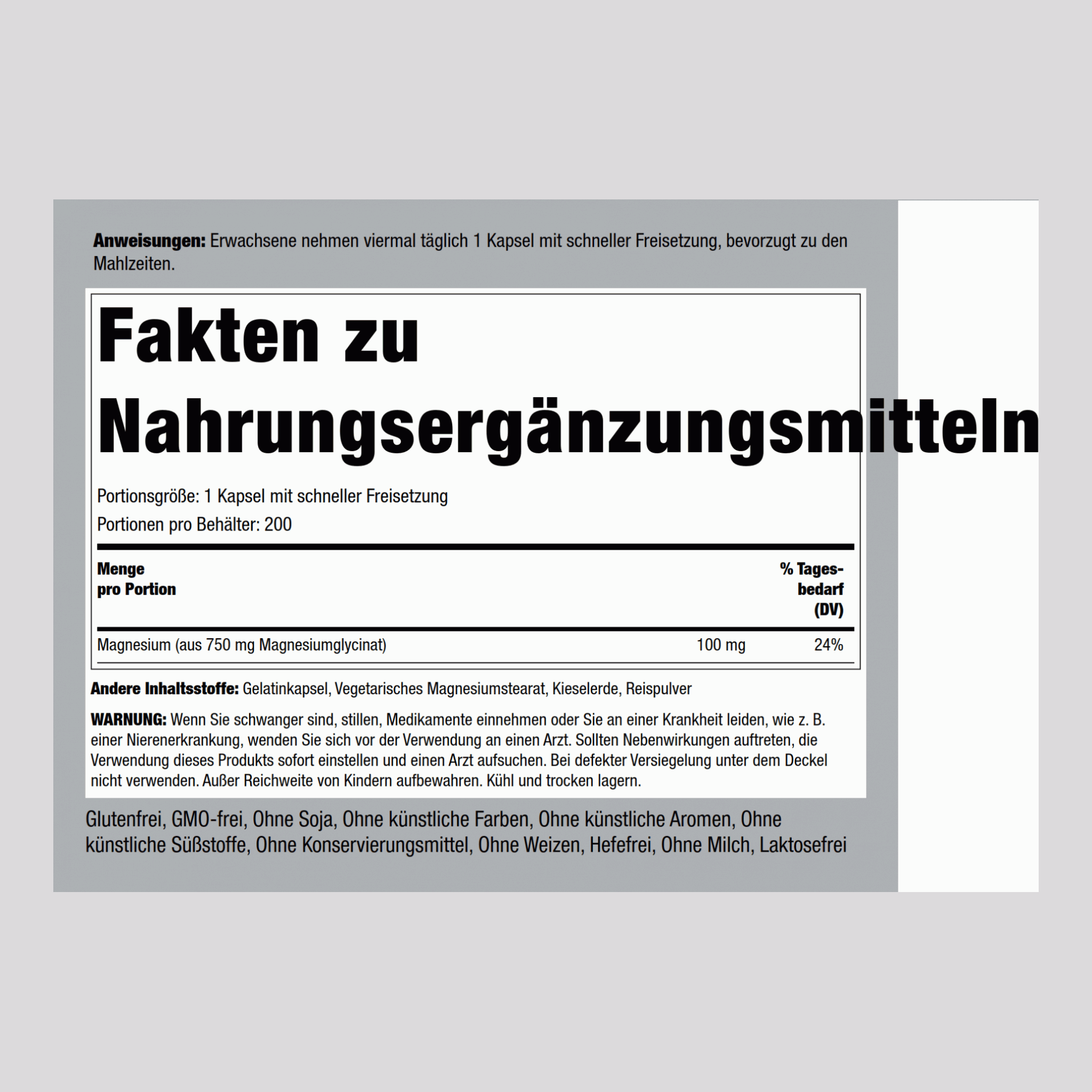 Magnesiumglycinat  750 mg 200 Kapseln mit schneller Freisetzung    