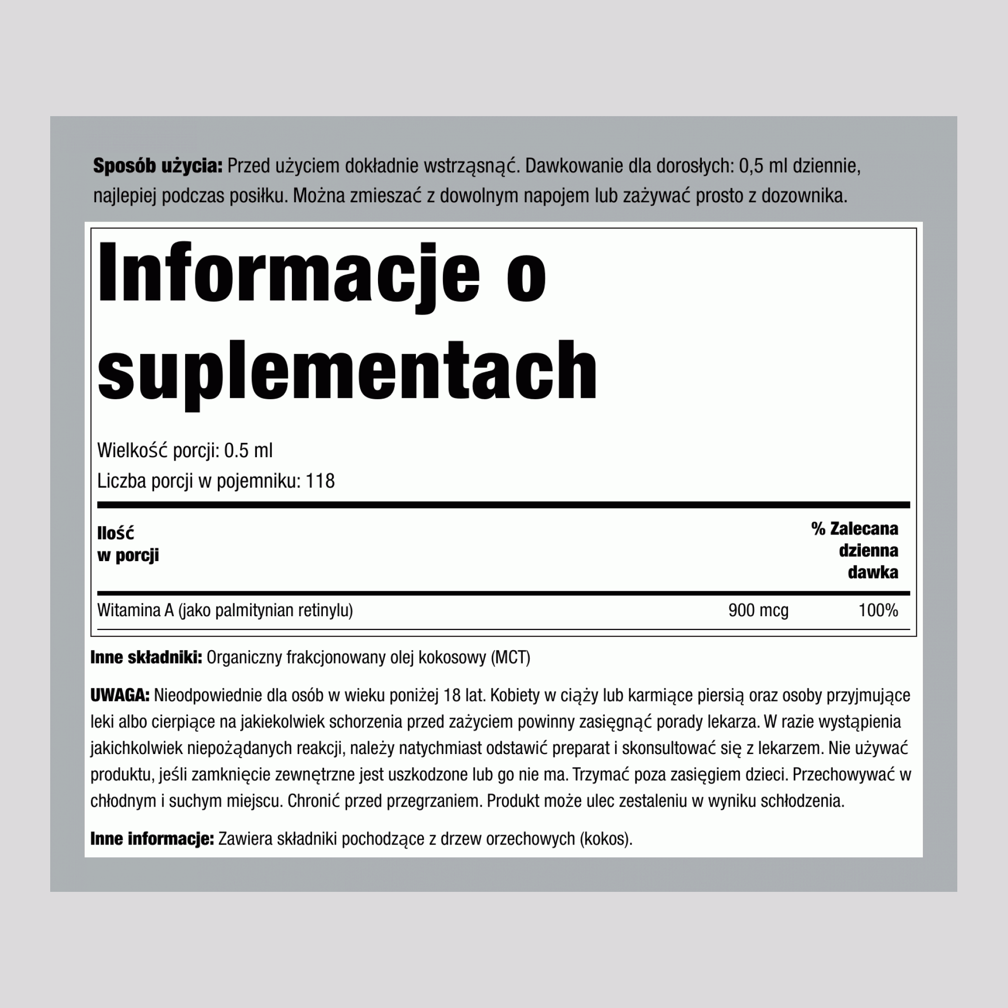 Płynna witamina A (organiczna) 3000 IU 2 Uncje sześcienne (59 ml), Butelka z zakraplaczem  