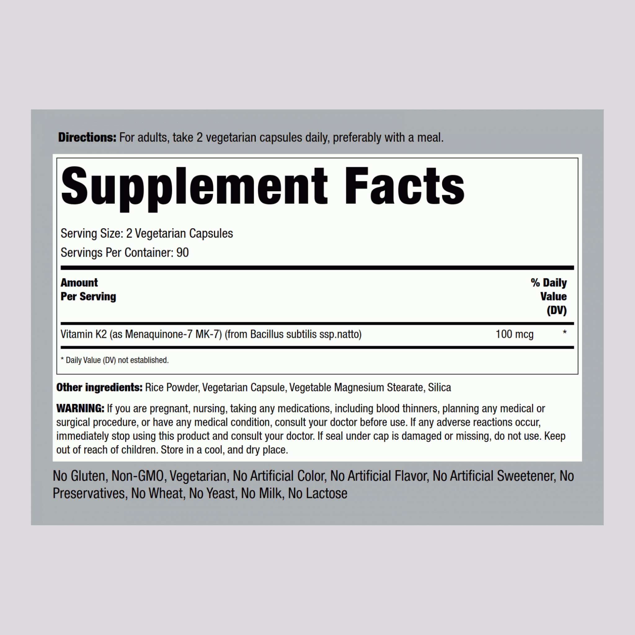 Vitamin K-2 MK-7, 100 mcg (per serving), 180 Vegetarian Capsules, 2  Bottles