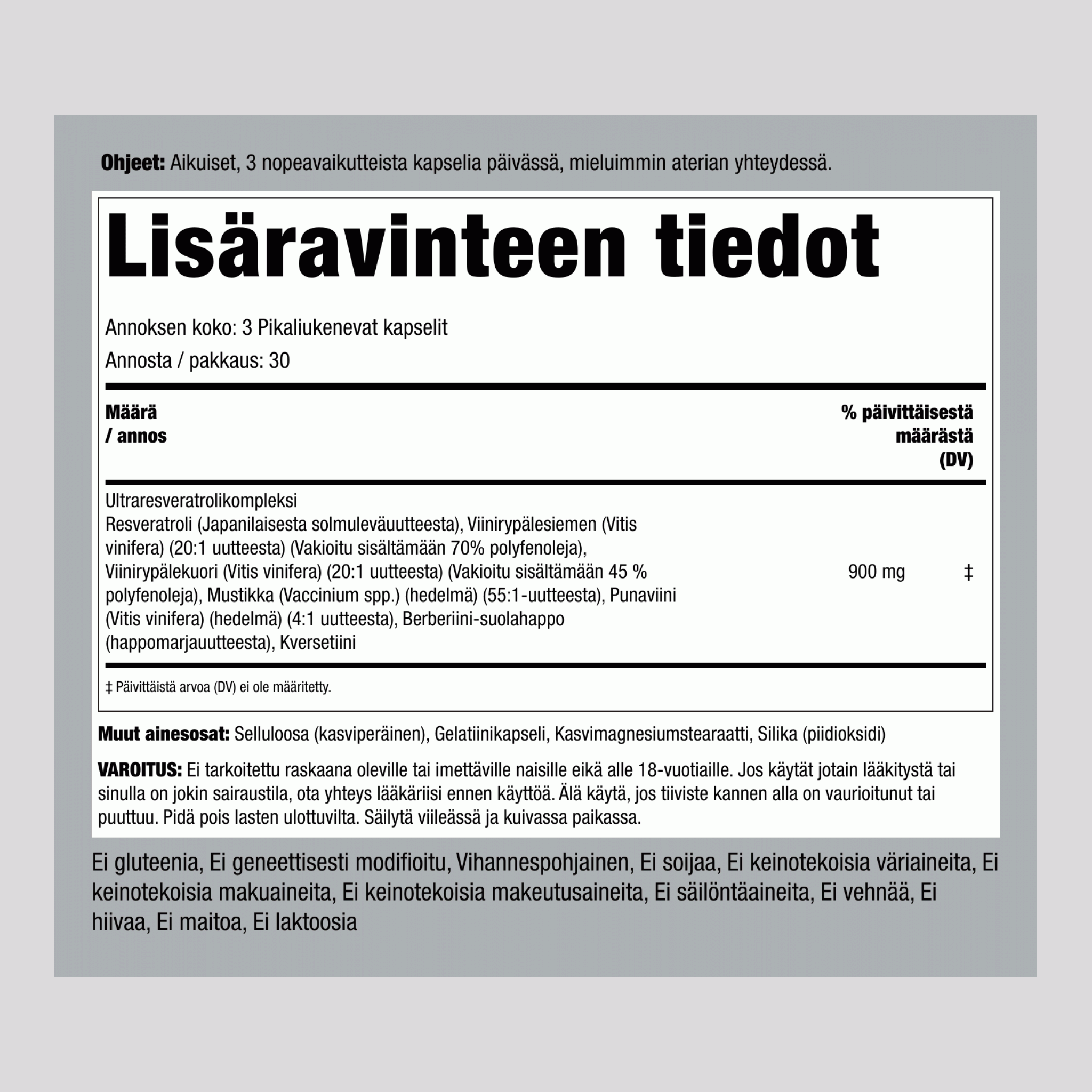 Resveratroli-berberiini-viinirypäleidensiemen-kversetiiniuute 90 Pikaliukenevat kapselit    