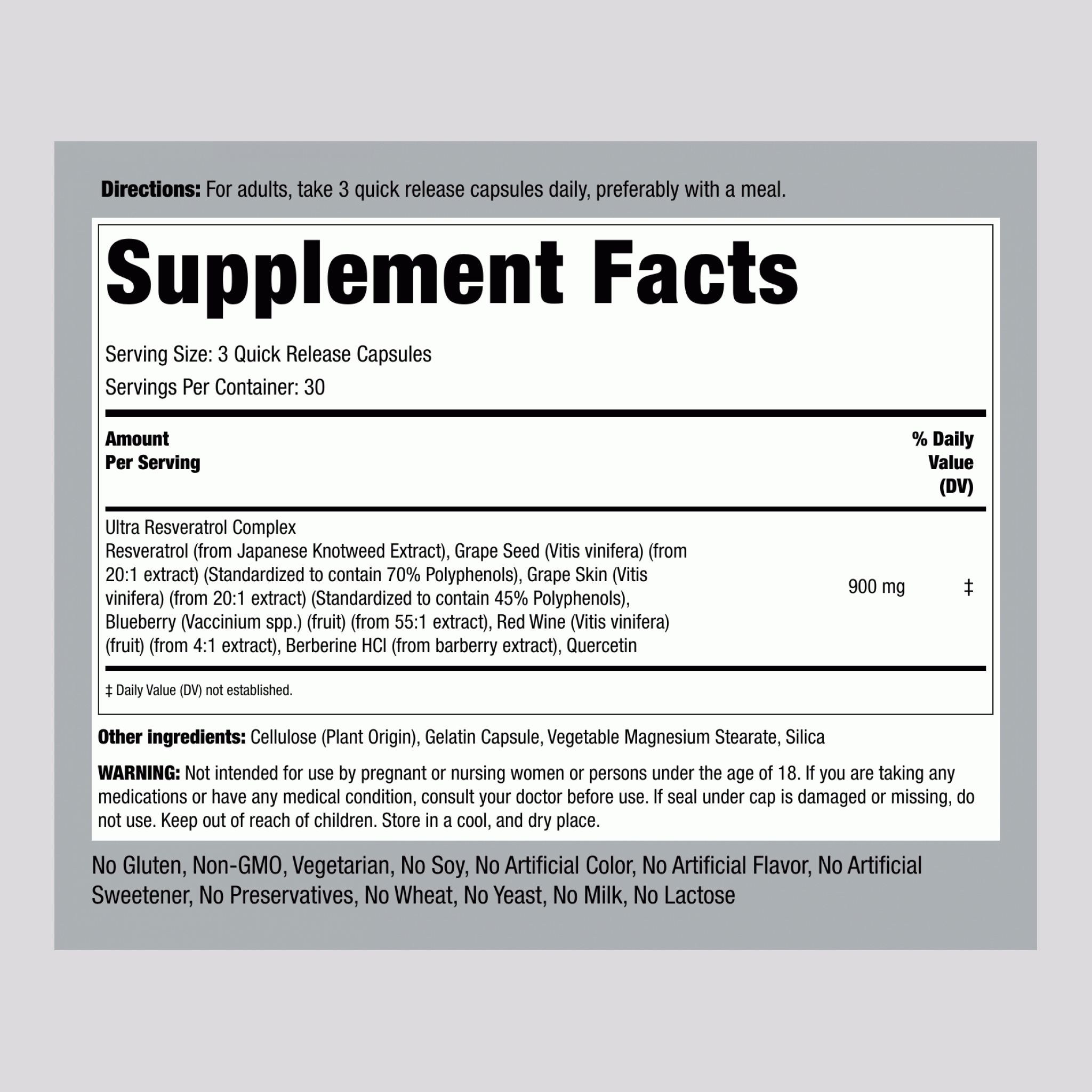 白藜蘆醇、小檁鹼、葡萄籽與槲皮素萃取物 90 快速釋放膠囊    