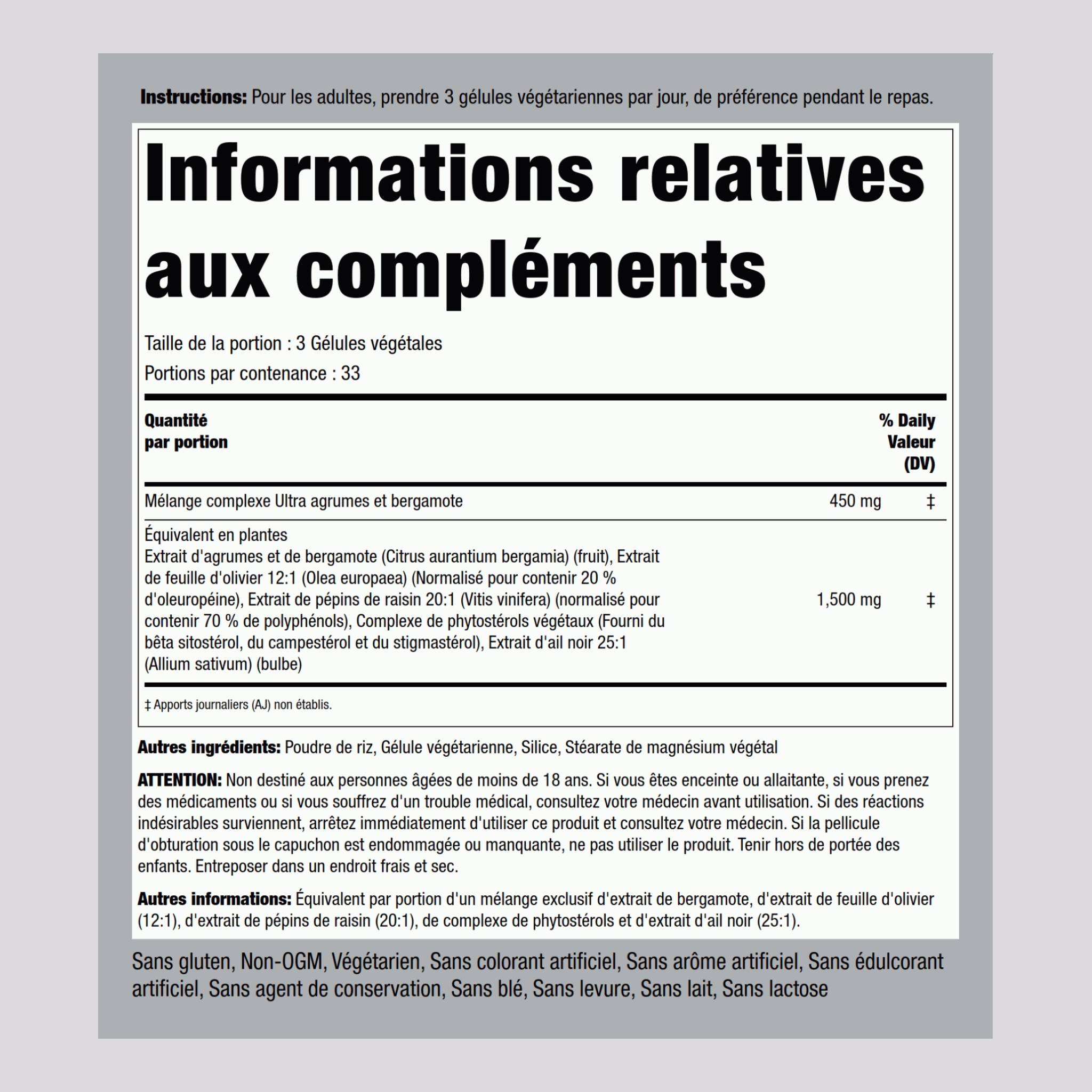 Complexe d'agrumes et de bergamote 1500 mg (par portion) 100 Gélules végétales   