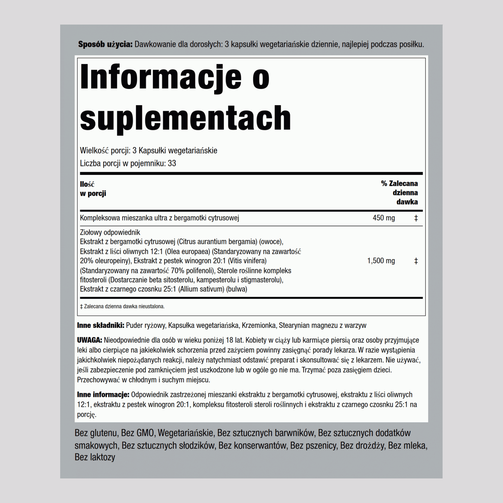 Kompleks cytrusowo-bergamotowy 1500 mg (na porcję) 100 Kapsułki wegetariańskie ,2 Butelki   