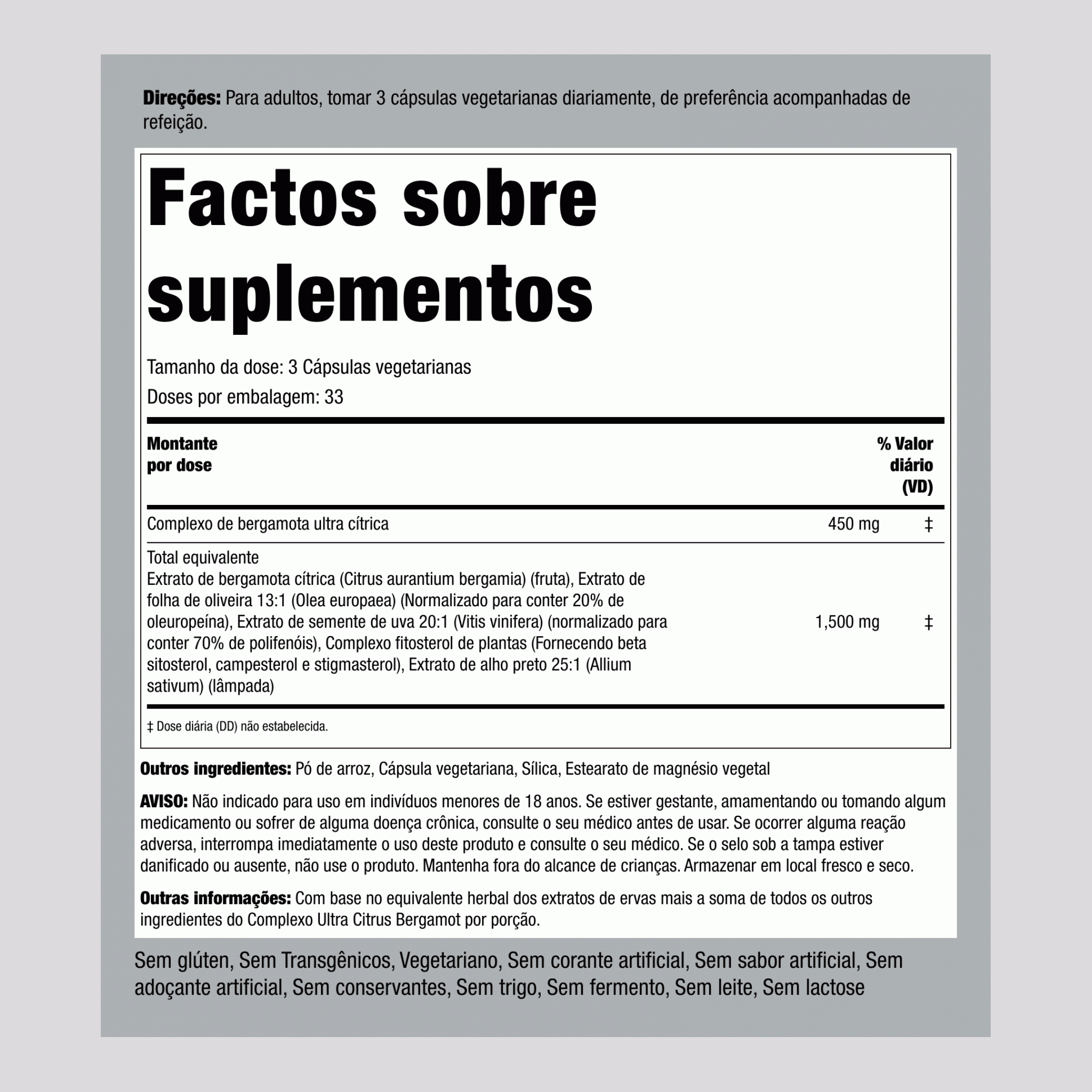 Complexo de bergamota cítrica 1500 mg (por dose) 100 Cápsulas vegetarianas ,2 Frascos   