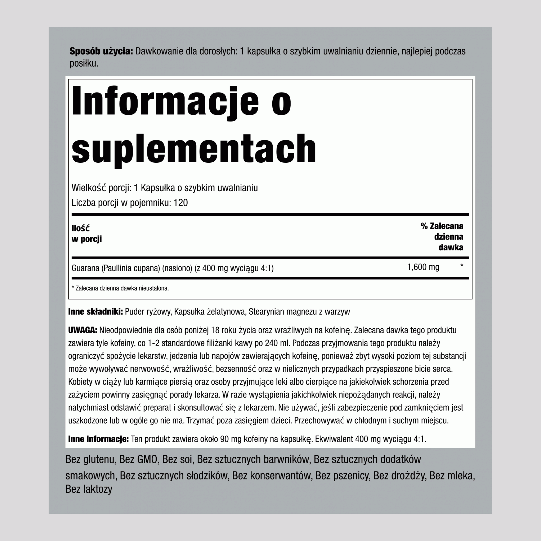 Mega mocna guarana  1600 mg 120 Kapsułki o szybkim uwalnianiu     