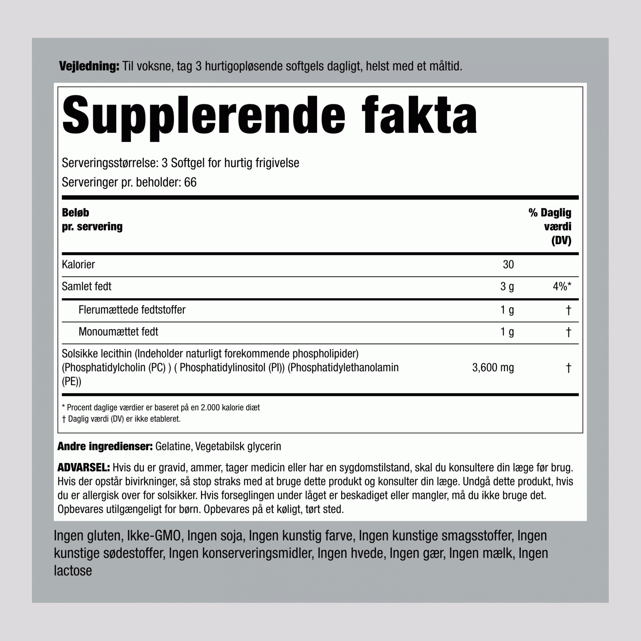 Solsikkelecithin – IKKE-GMO 2400 mg 3600 mg (pr. dosering) 200 Softgel for hurtig frigivelse     