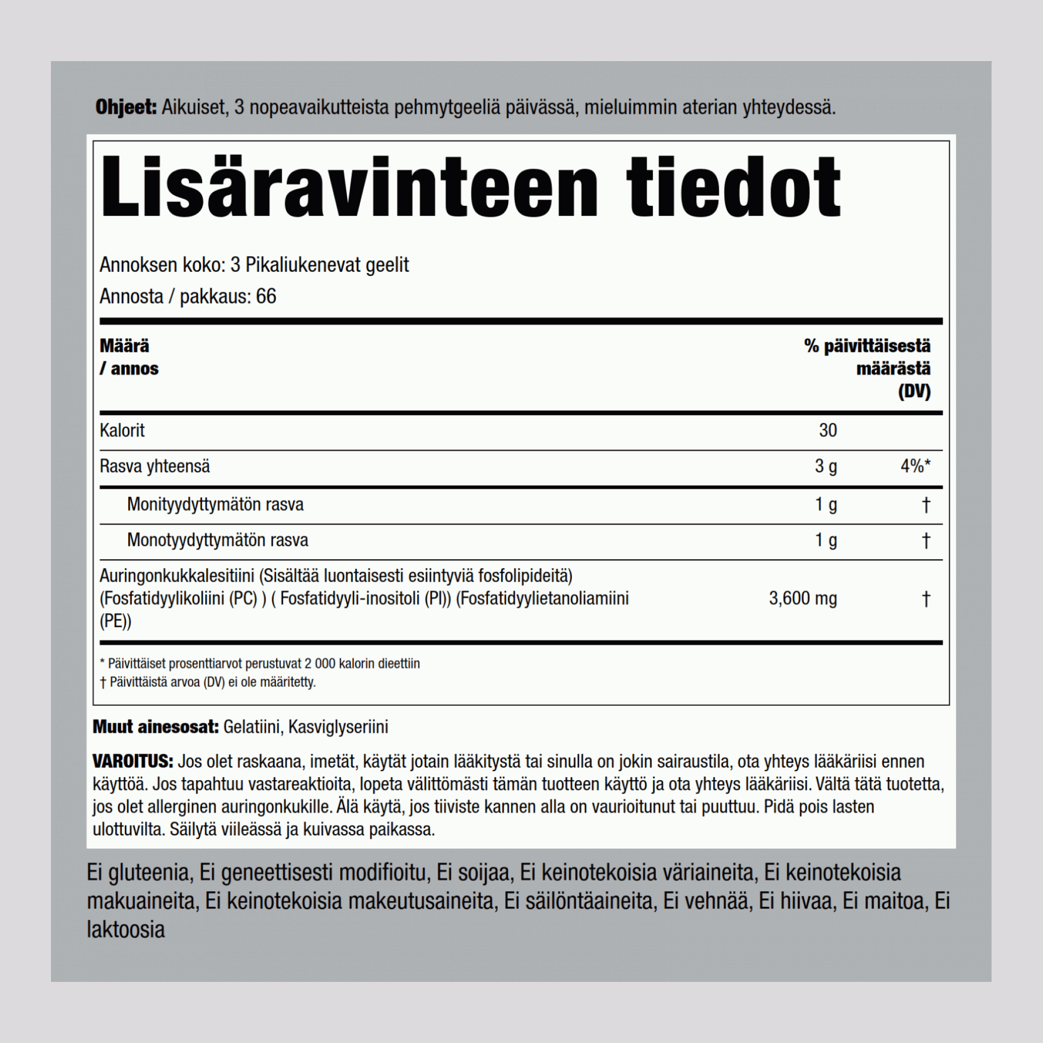 Auringonkukkalesitiini - EI-GMO 2400 mg 3600 mg/annos 200 Pikaliukenevat geelit     