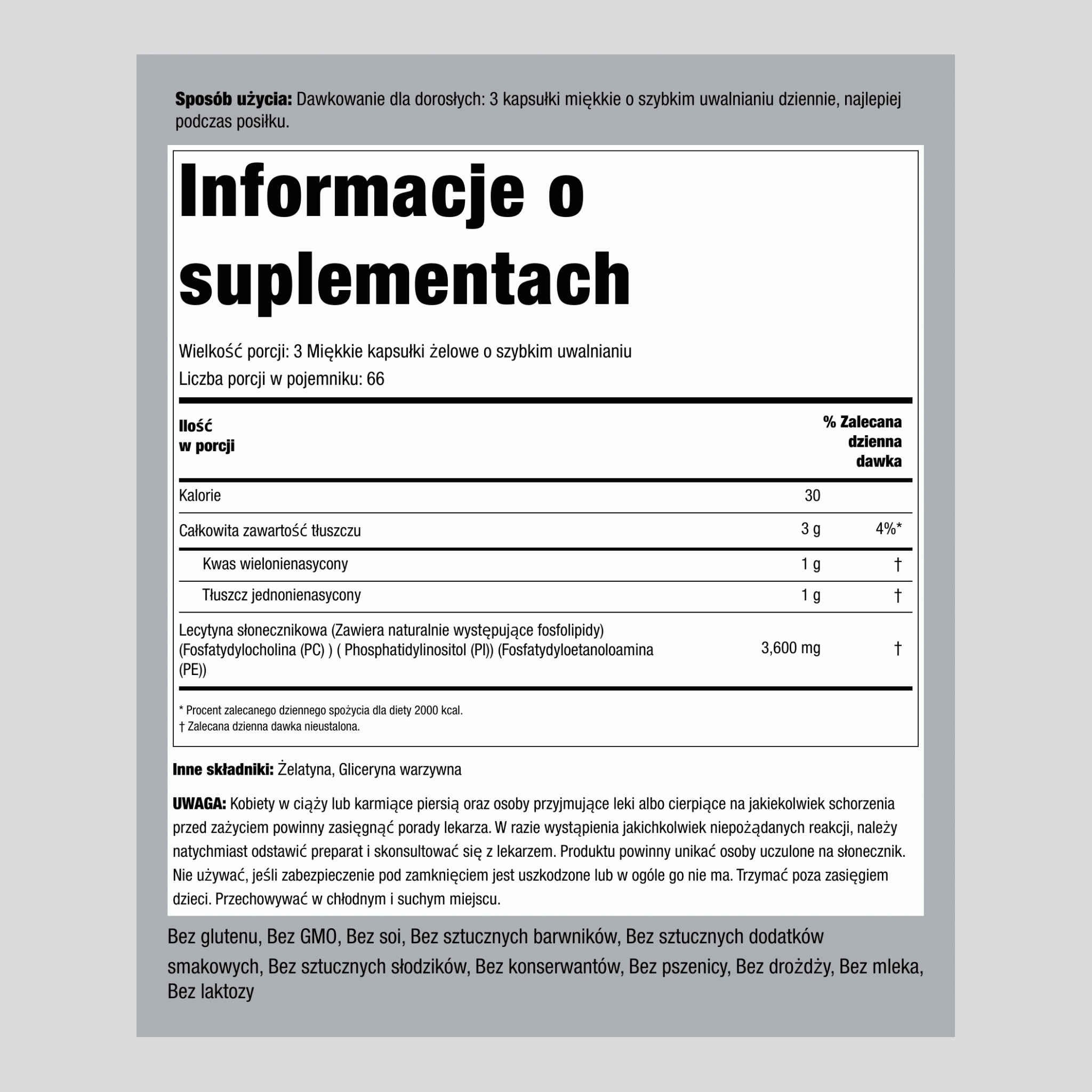Lecytyna słonecznikowa - BEZ GMO 2400 mg 3600 mg (na porcję) 200 Miękkie kapsułki żelowe o szybkim uwalnianiu     