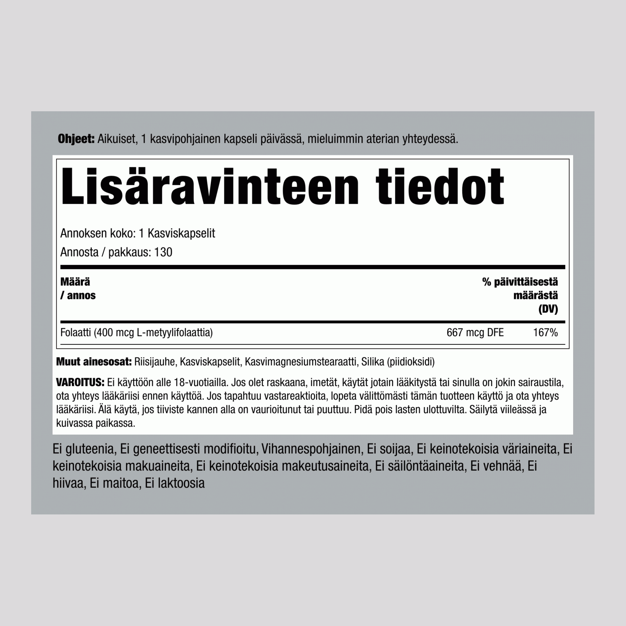 L-metyfolaatti 1000 mcg tabletit 400 μg 130 Kasviskapselit   