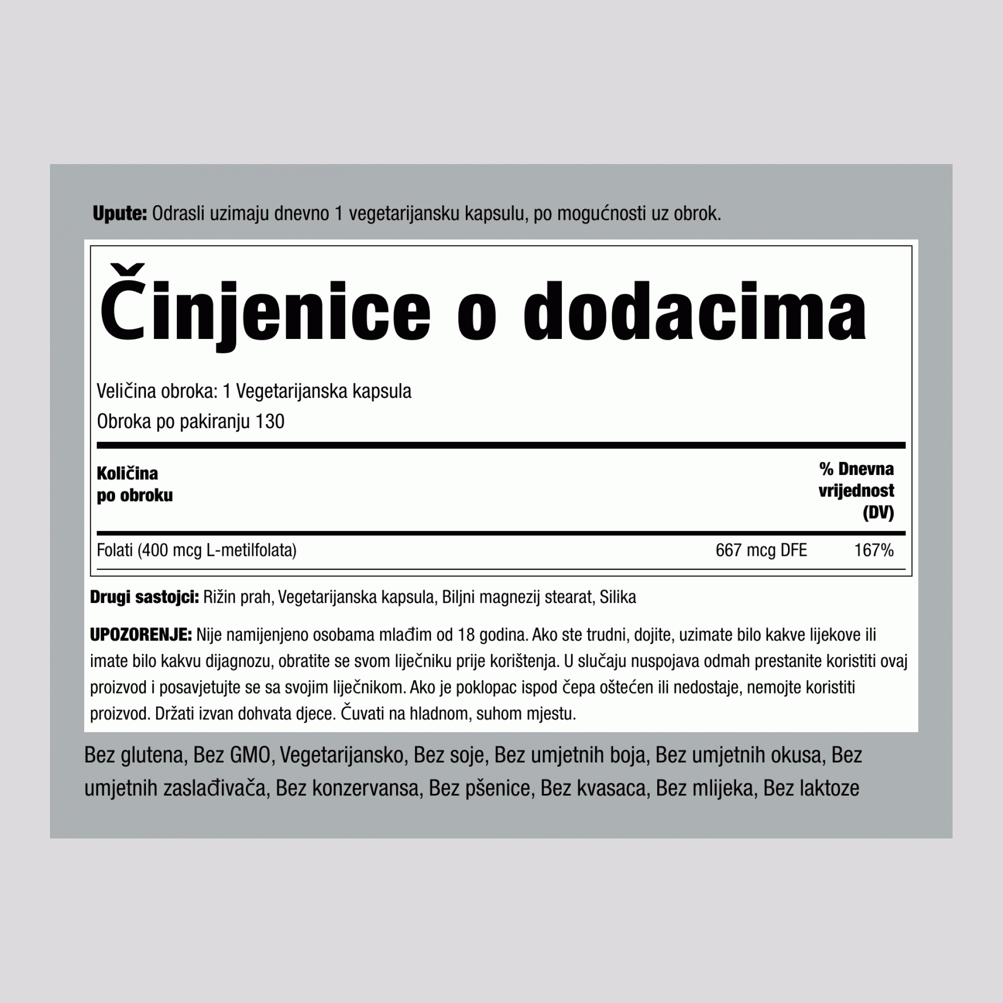 L-metilfolati 1000 mcg tablete 400 mcg 130 Vegetarijanske kapsule   