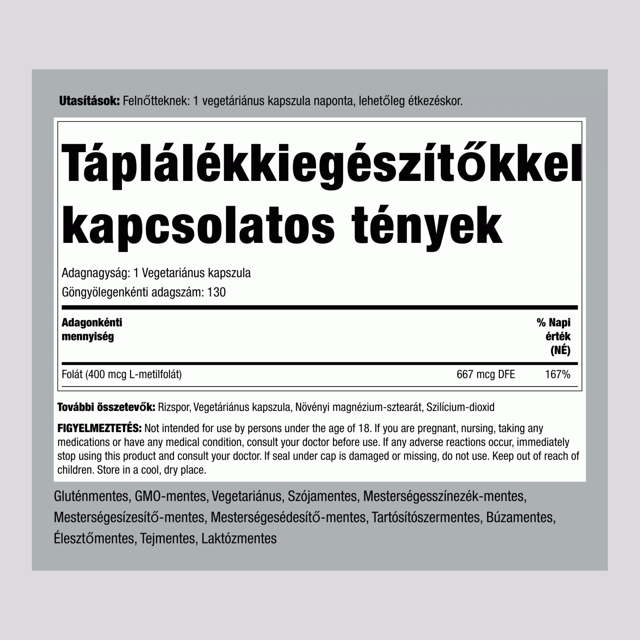 L-metilfolát 1000 mcg tabletta 400 mcg 130 Vegetáriánus kapszula   