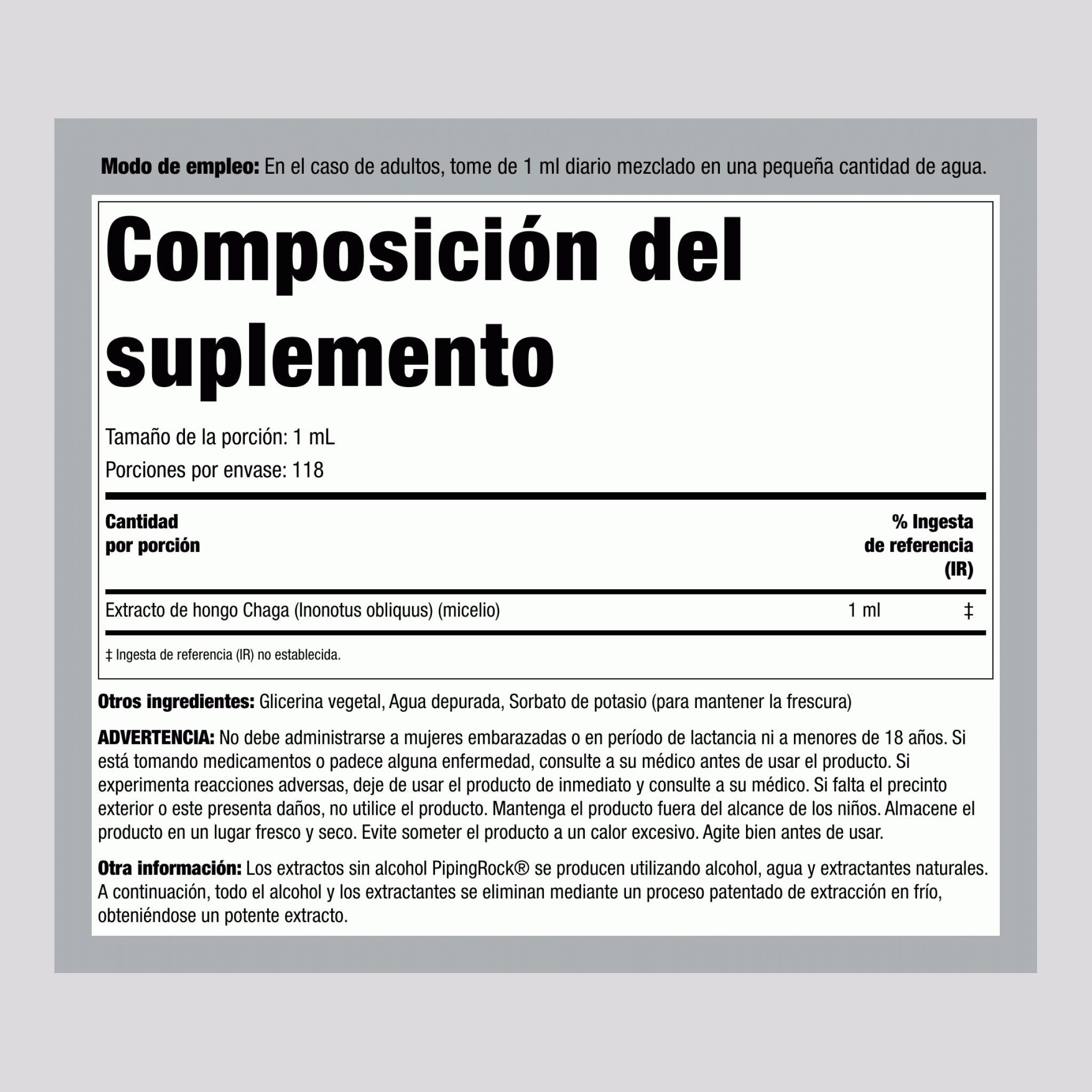 Extracto líquido de hongo Chaga 4 fl oz 118 ml Frasco con dosificador   