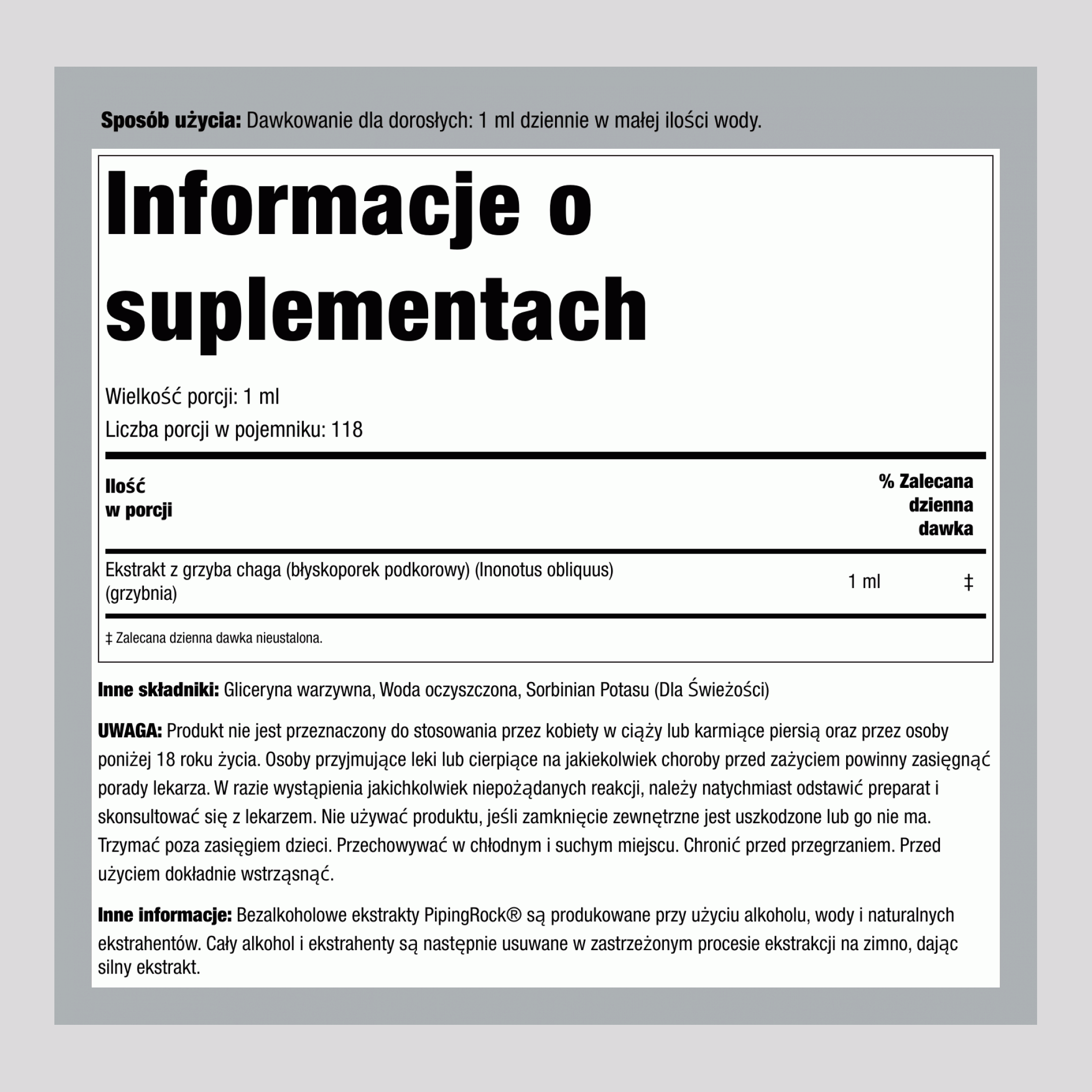 Płynny ekstrakt z grzybów Chaga 4 Uncje sześcienne 118 ml Butelka z zakraplaczem   