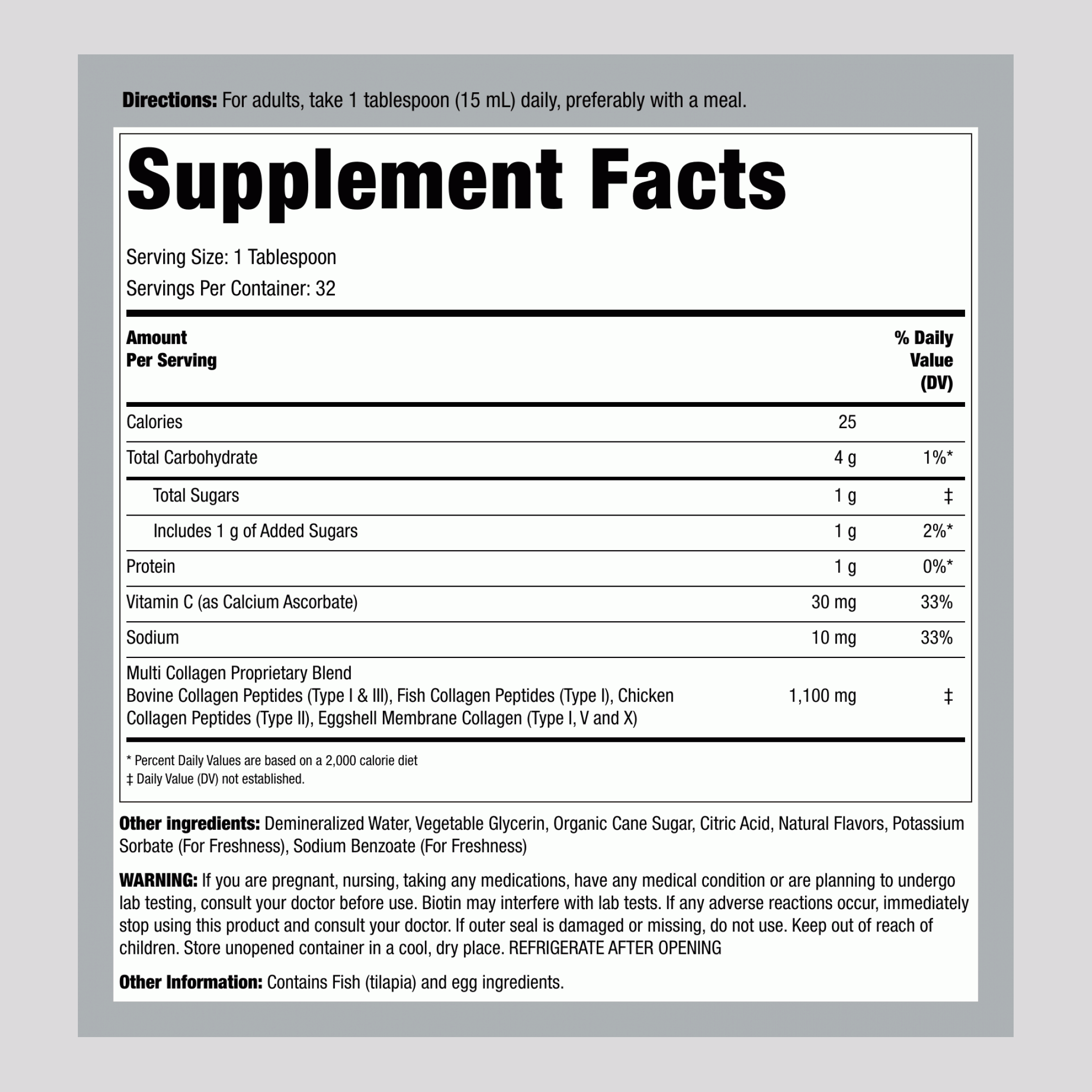 Multi Collagen Liquid (Delicious Mixed Fruit), 1100 mg (per serving), 16 fl oz (473 mL) Bottle