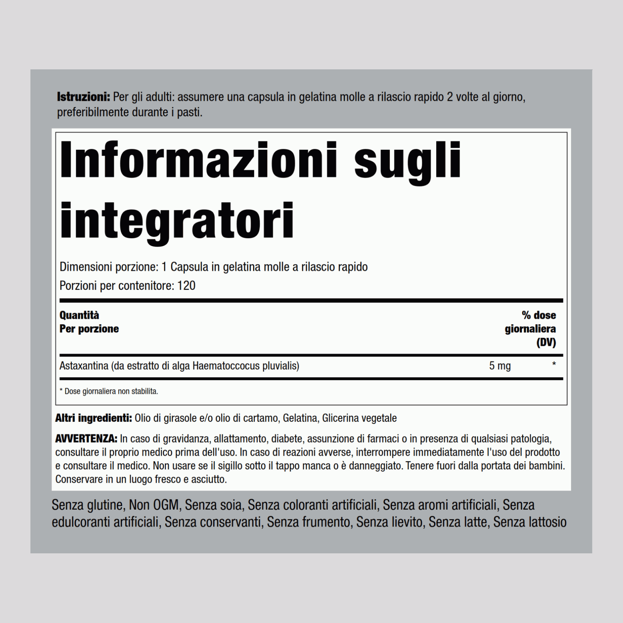 Astaxantina 5 mg 120 Capsule in gelatina molle a rilascio rapido     