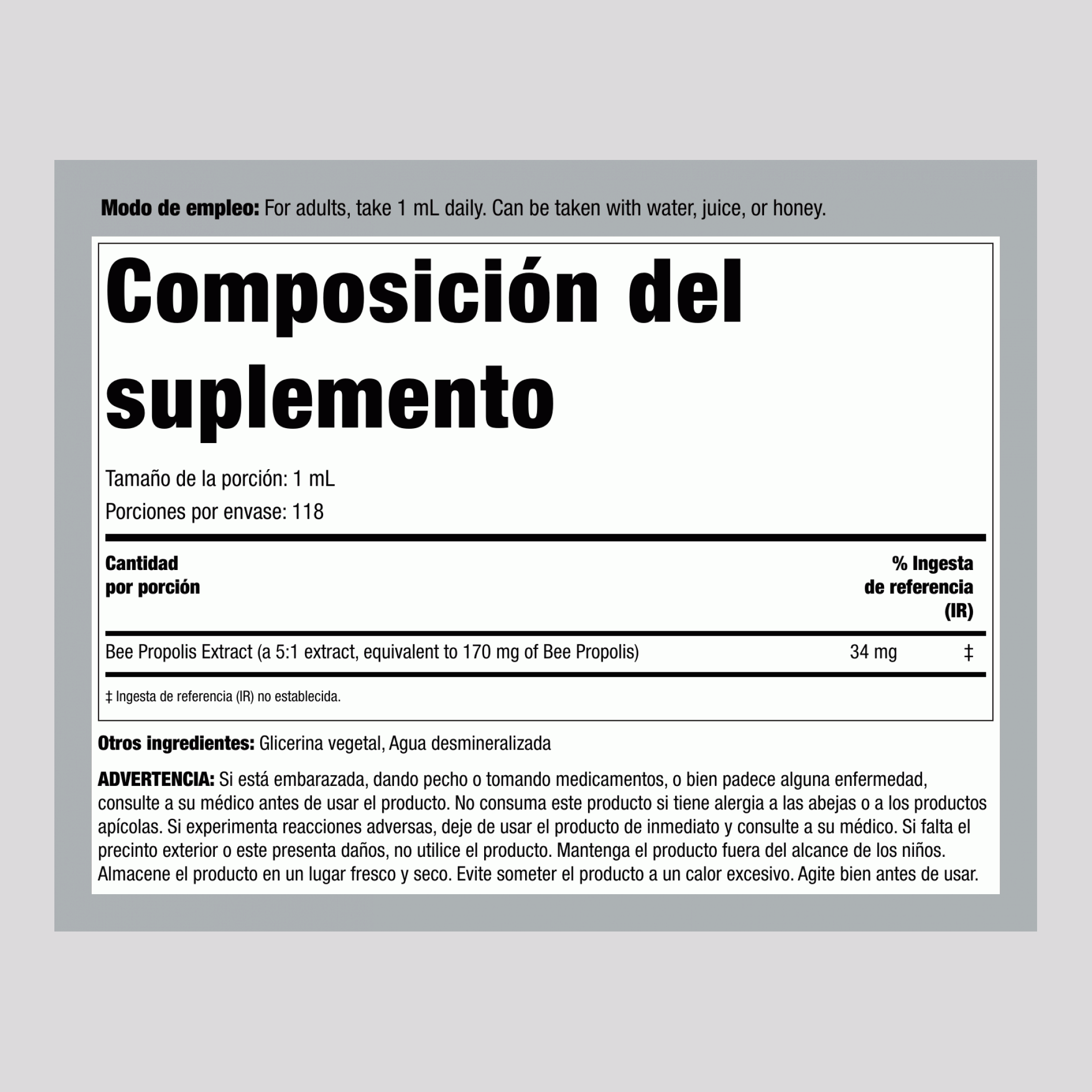 Propóleo de Abeja, 4 fl oz (118 mL) Botella con Gotero